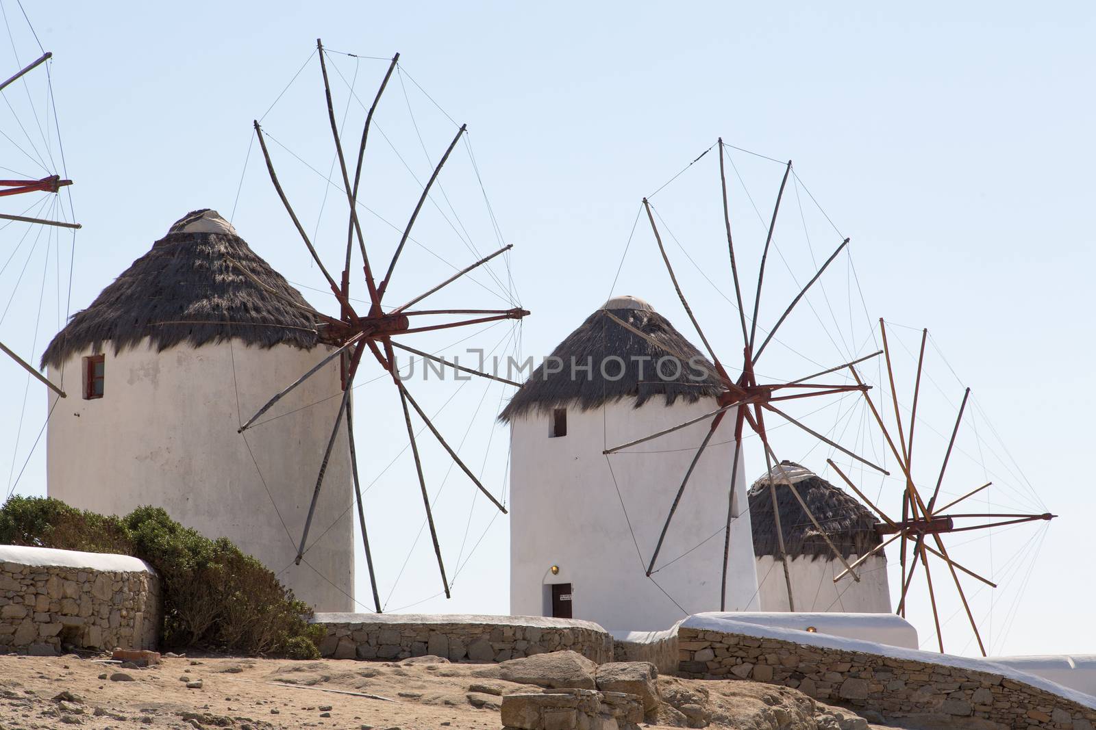 The famous wind mills in Mykonos during day time