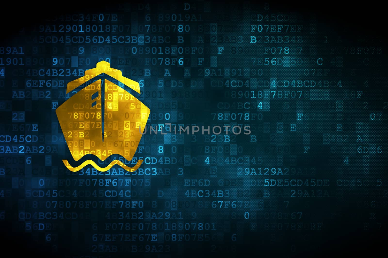 Travel concept: pixelated Ship icon on digital background, empty copyspace for card, text, advertising