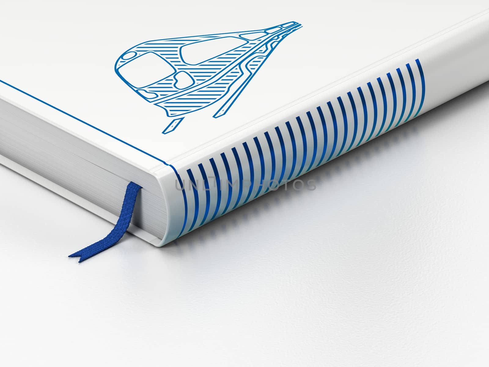 Vacation concept: closed book with Blue Train icon on floor, white background, 3D rendering