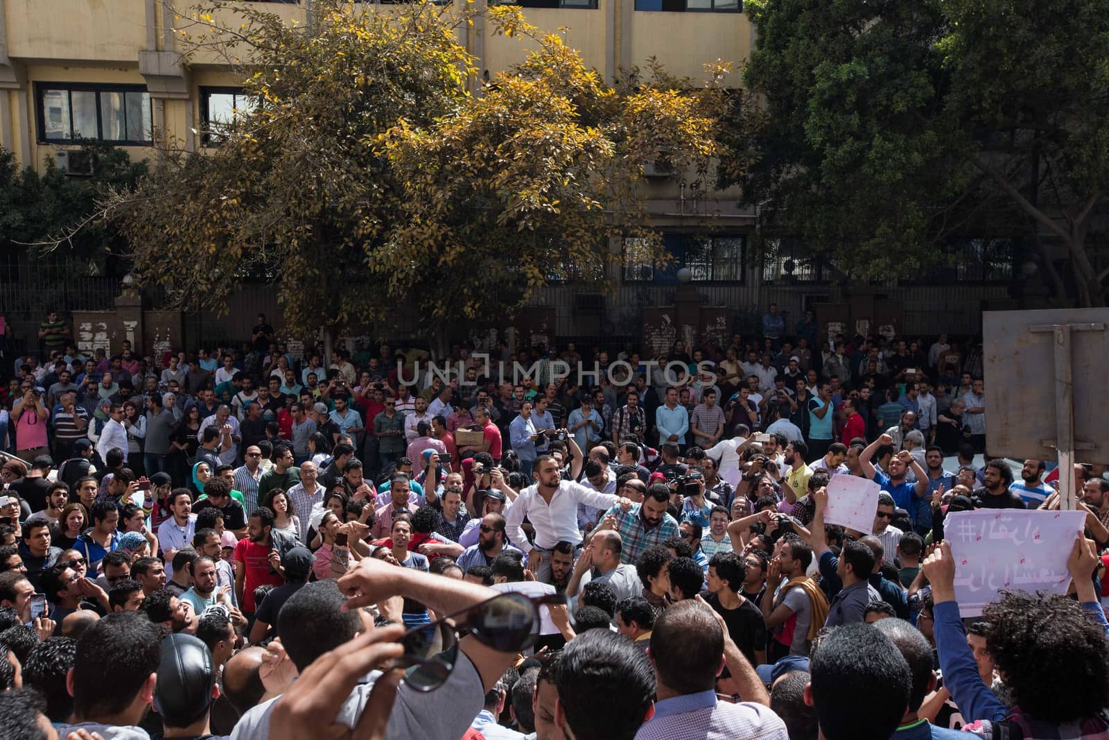 EGYPT, Cairo: Thousands take part in a protest against the decision to hand over control of two strategic Red Sea islands, namely Tiran and Sanafir, to Saudi Arabia, in front of the Syndicate of Journalists building, in Cairo, on April 15, 2016.