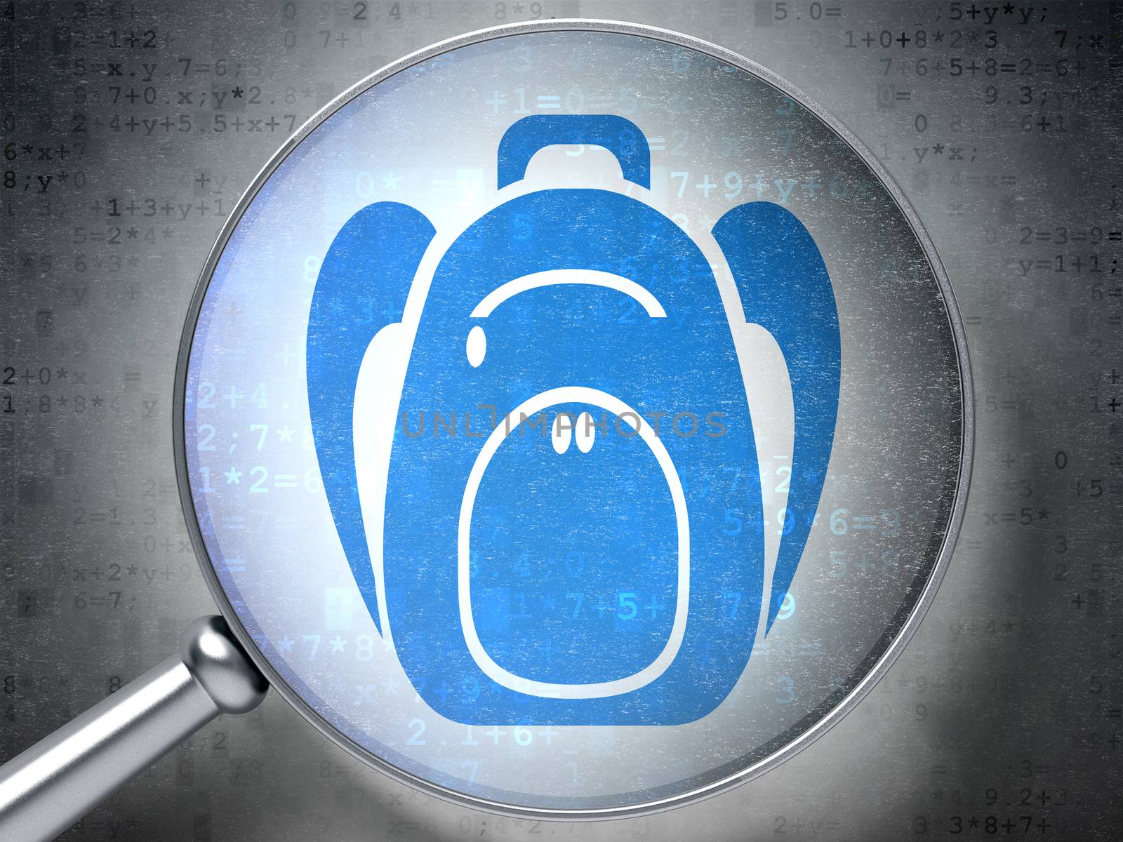 Learning concept: magnifying optical glass with Backpack icon on digital background, 3D rendering