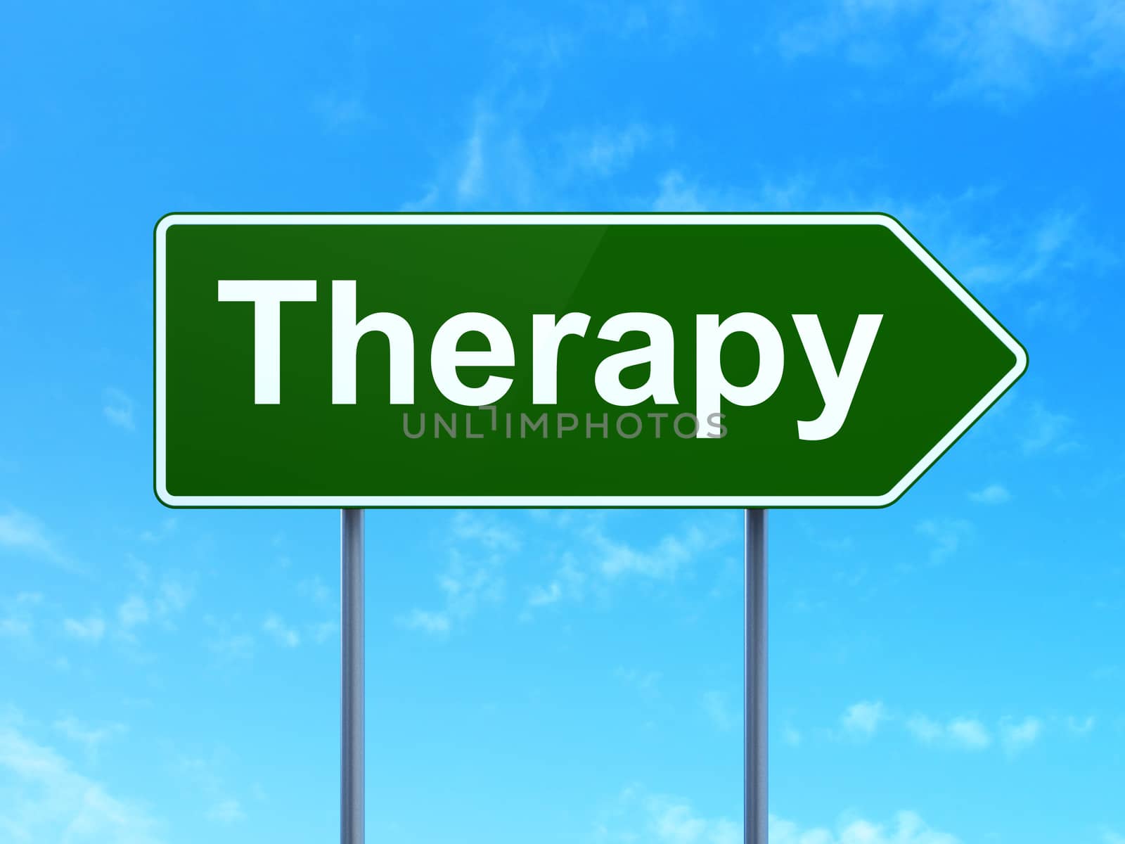 Medicine concept: Therapy on green road highway sign, clear blue sky background, 3D rendering