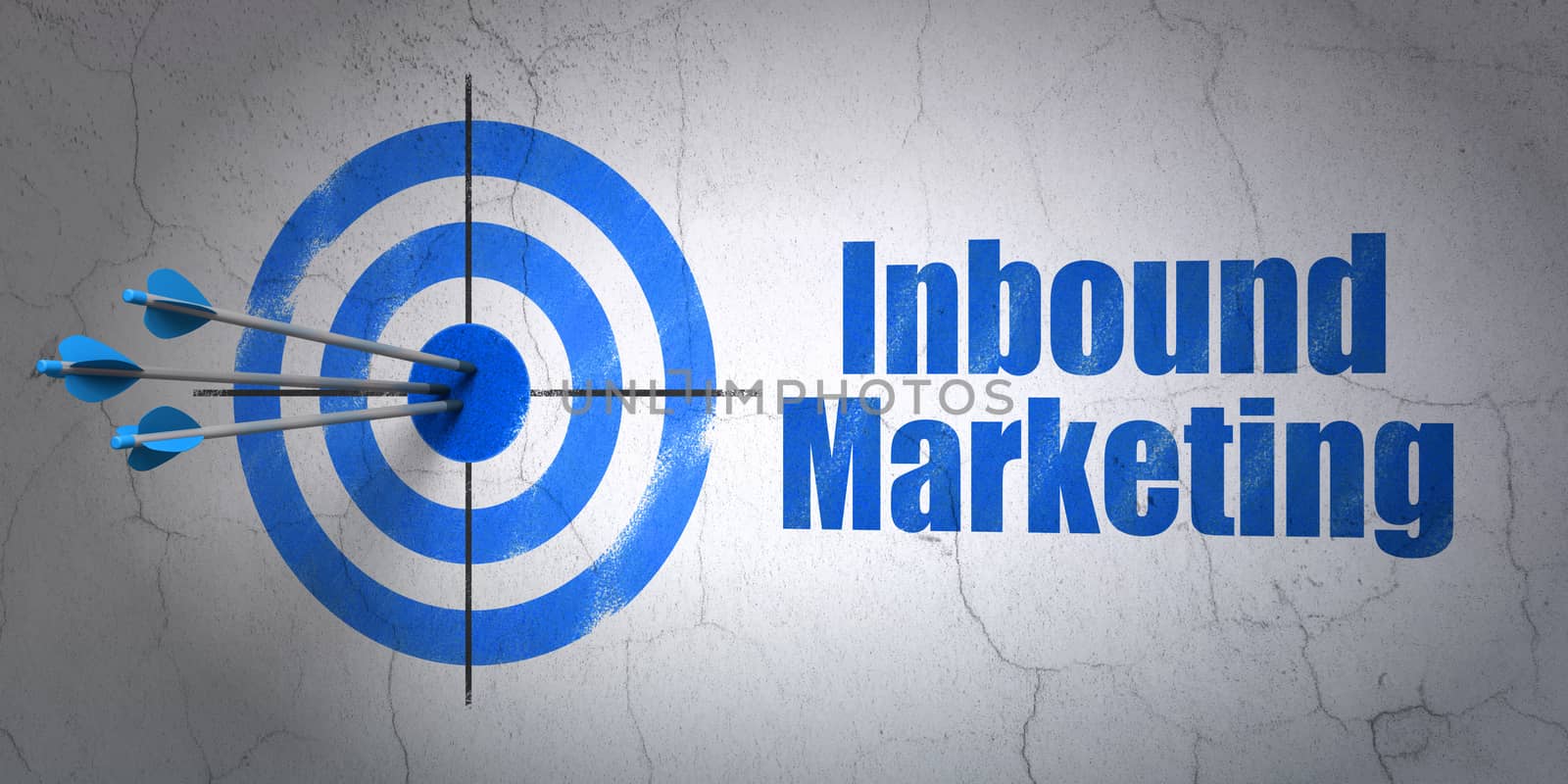 Success advertising concept: arrows hitting the center of target, Blue Inbound Marketing on wall background, 3D rendering