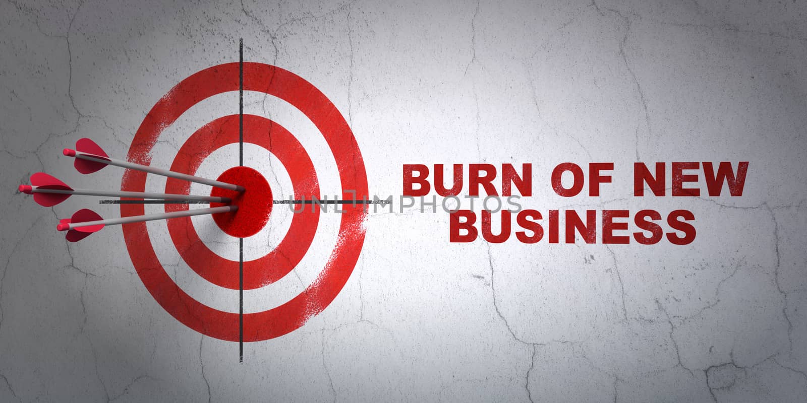 Success business concept: arrows hitting the center of target, Red Burn Of new Business on wall background, 3D rendering