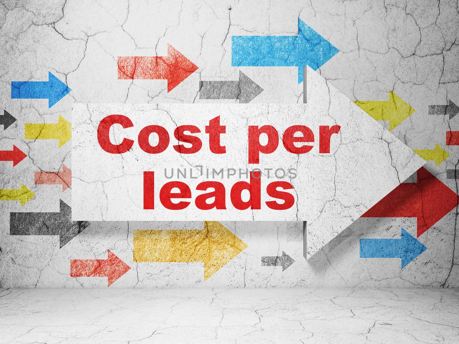 Business concept:  arrow with Cost Per Leads on grunge textured concrete wall background, 3D rendering