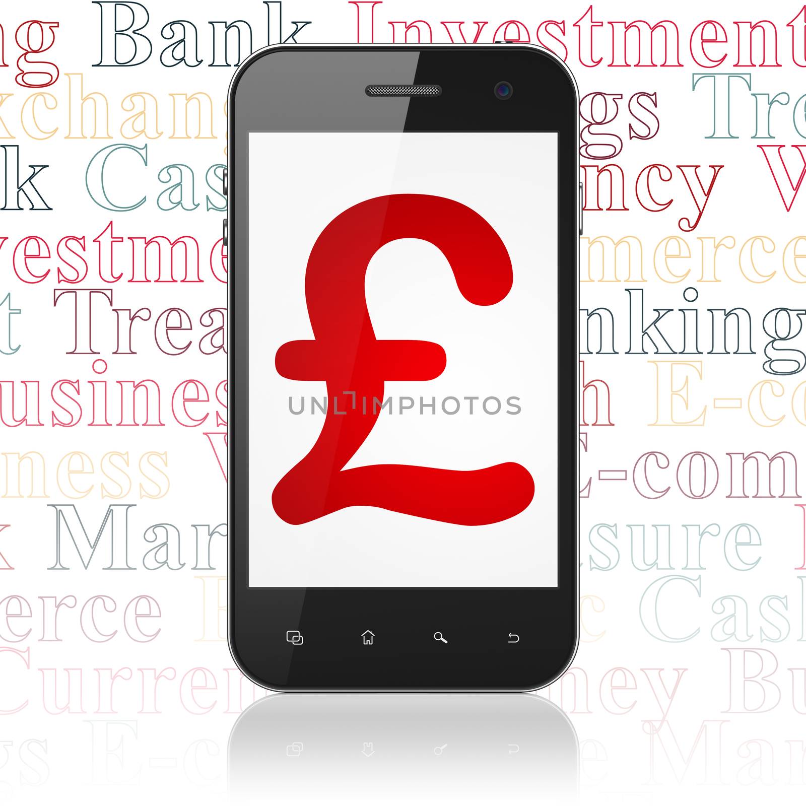 Money concept: Smartphone with  red Pound icon on display,  Tag Cloud background, 3D rendering