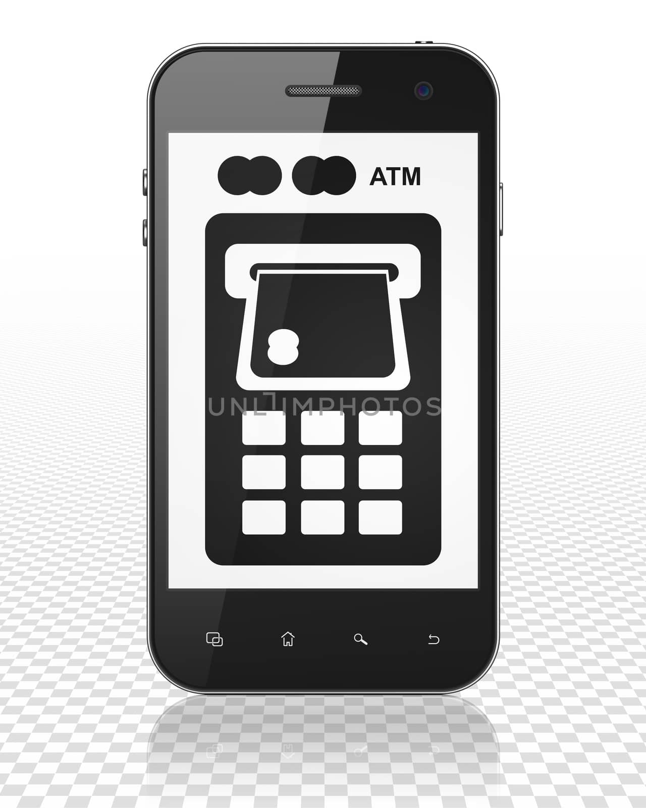Money concept: Smartphone with black ATM Machine icon on display, 3D rendering