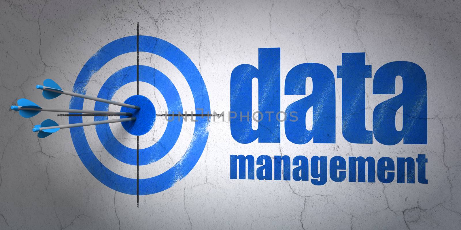 Success Data concept: arrows hitting the center of target, Blue Data Management on wall background, 3D rendering