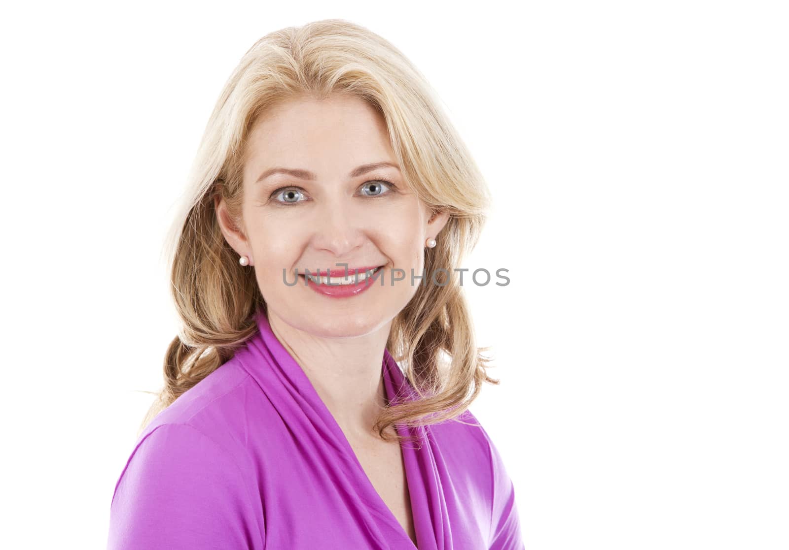 blond woman wearing pink top on white background