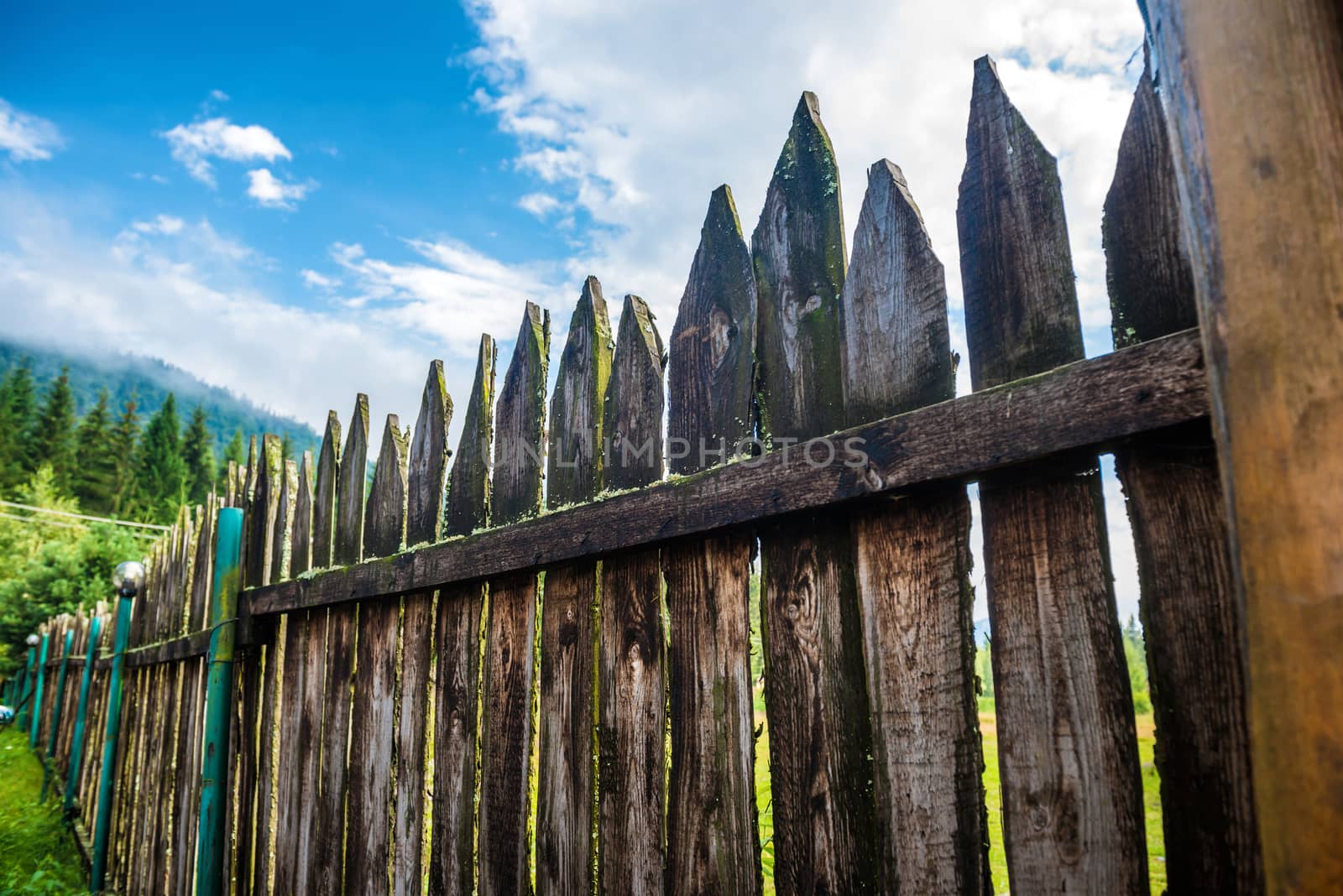 Old country fence with forest and blue sky on background