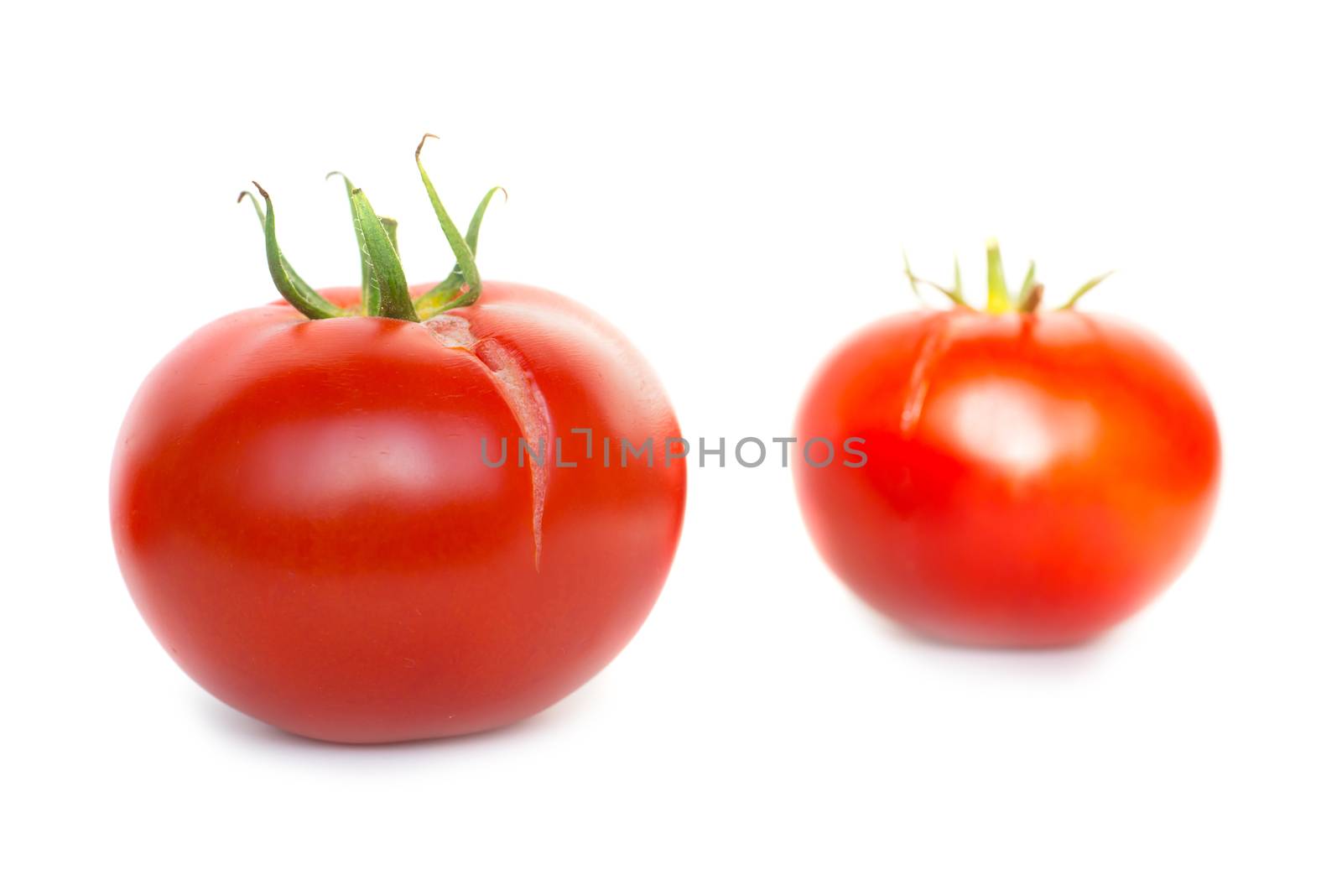 Two red fresh tomatoes isolated on white background