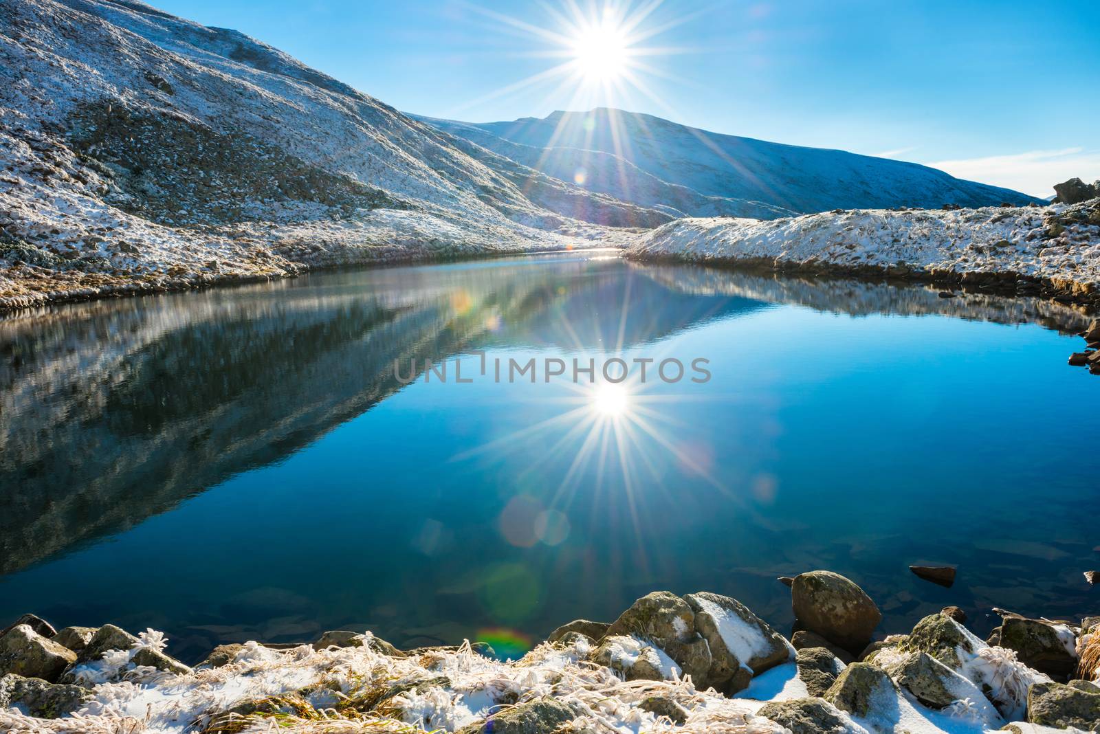 Beautiful blue lake in the mountains, morning sunrise time. Landscape with snow shining sun