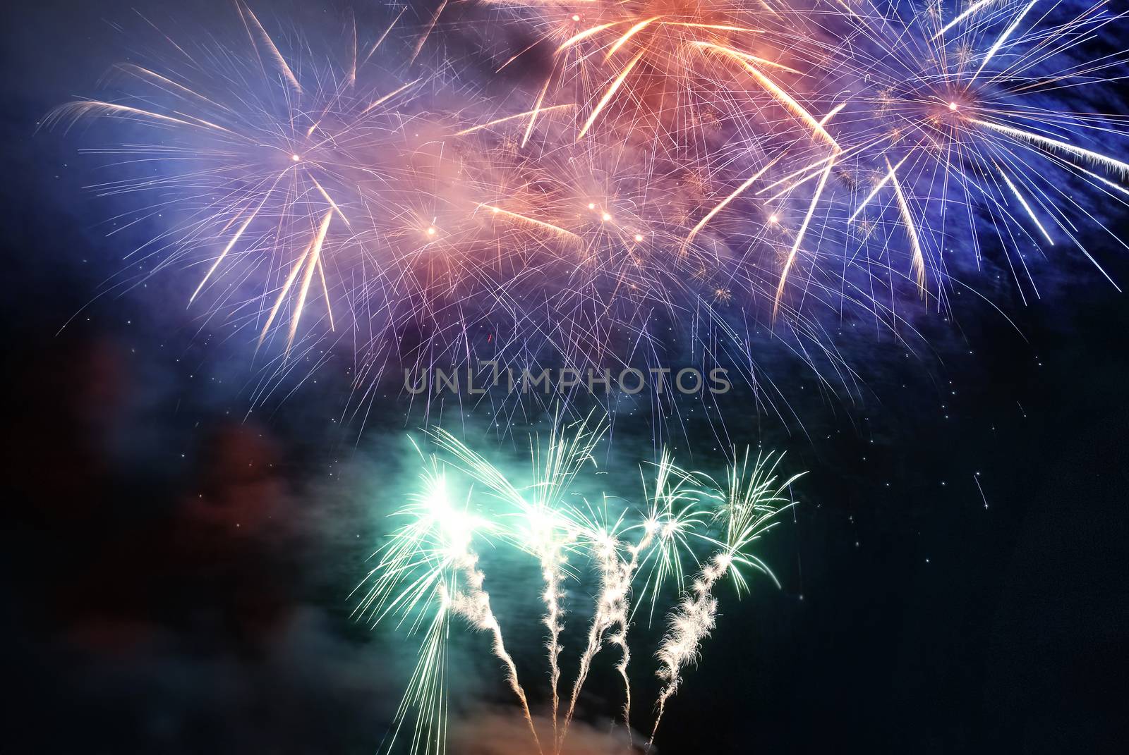 Colorful holiday fireworks on the black sky background.