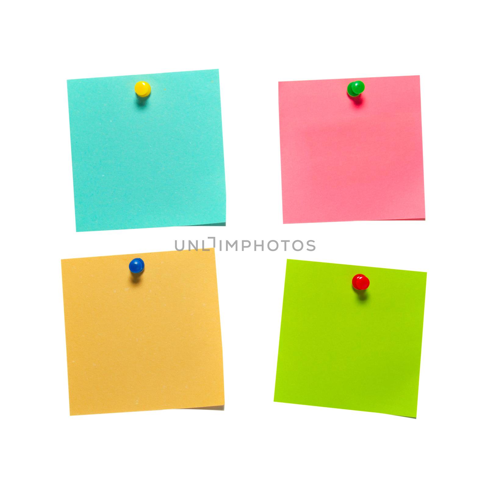 Four different color paper stickers with pins isolated on white background