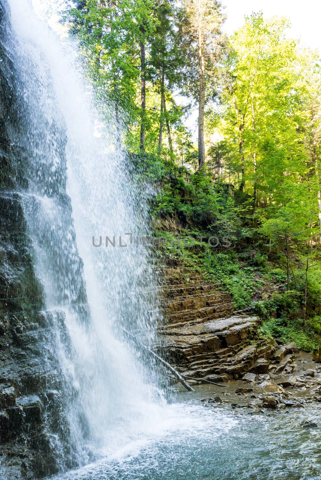 Beautiful high waterfall in the green forest