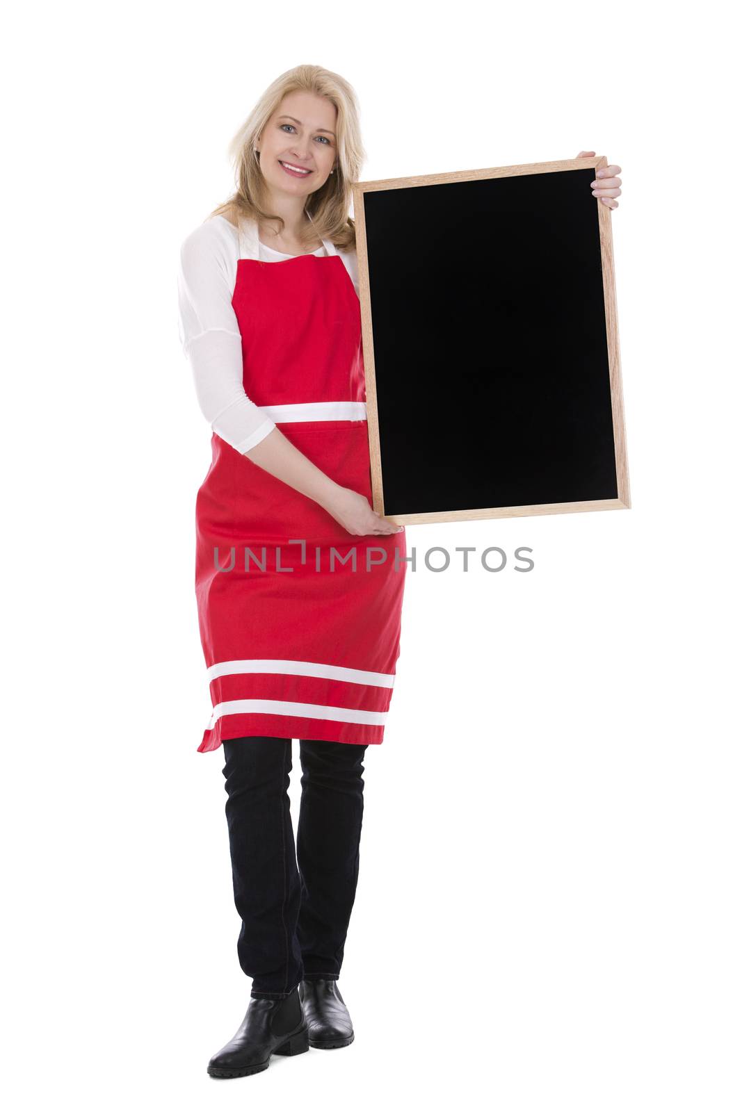 blond woman wearing red apron on white isolated background
