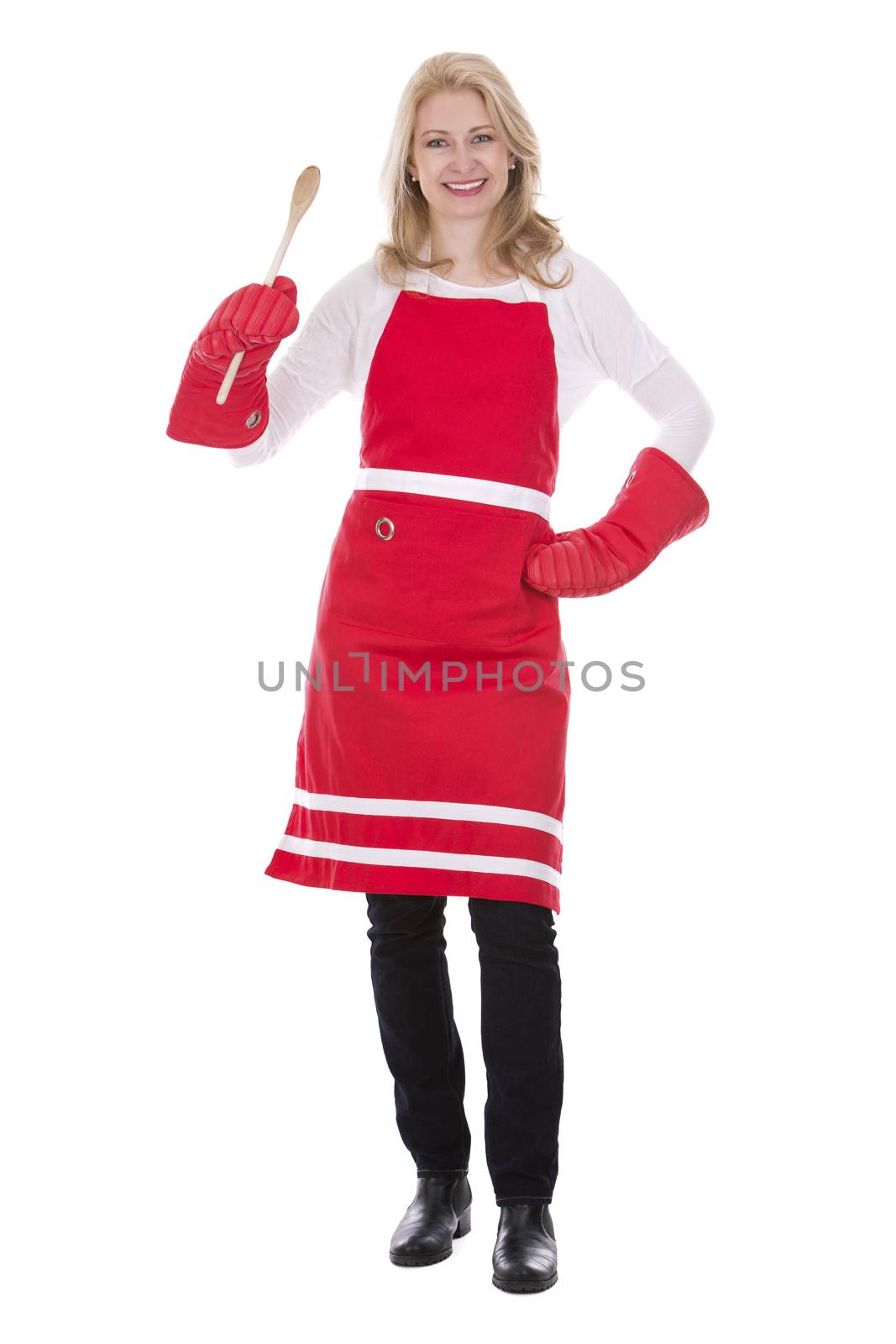 blond woman wearing red apron on white isolated background