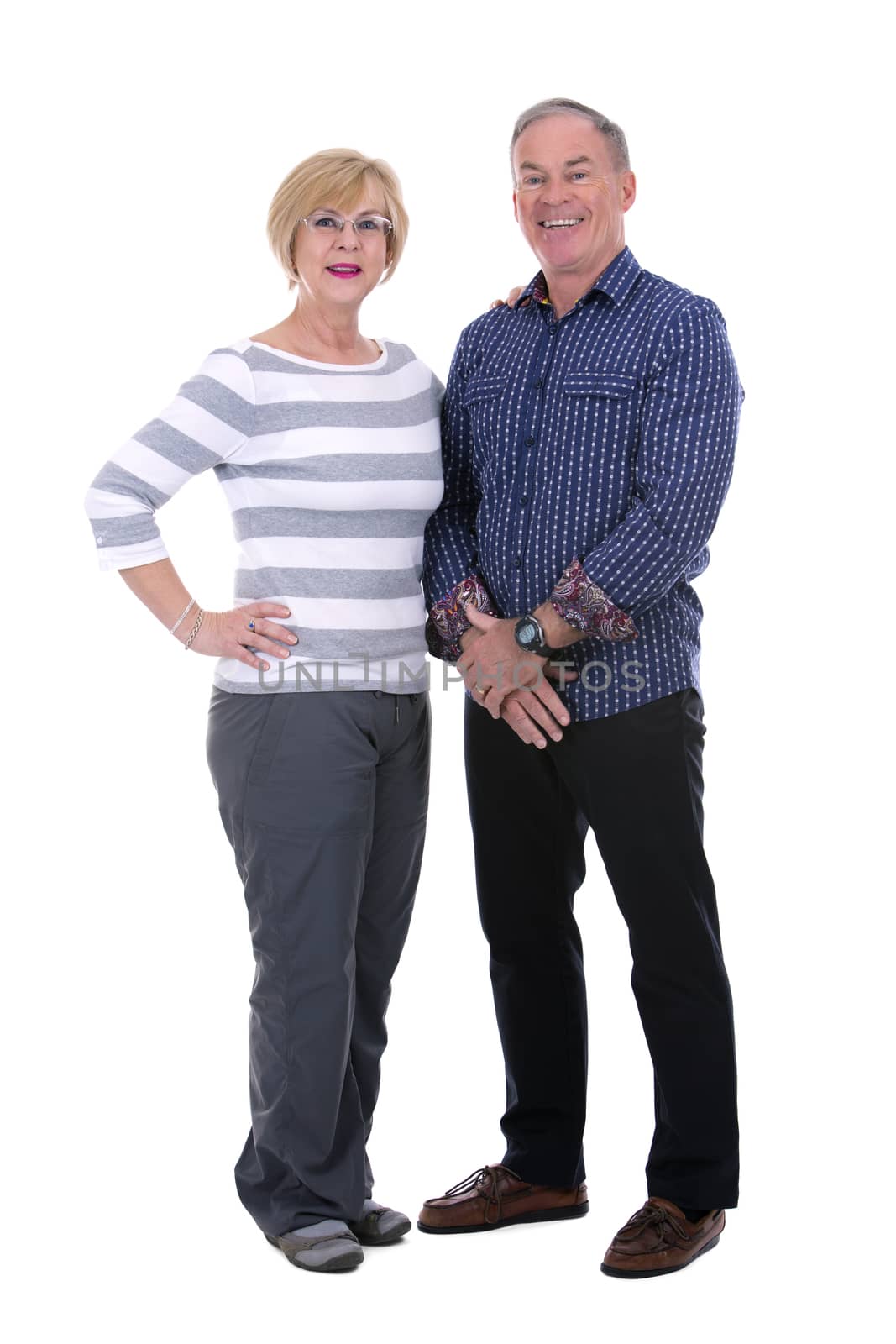 retired couple wearing casual outfits on white isolated background