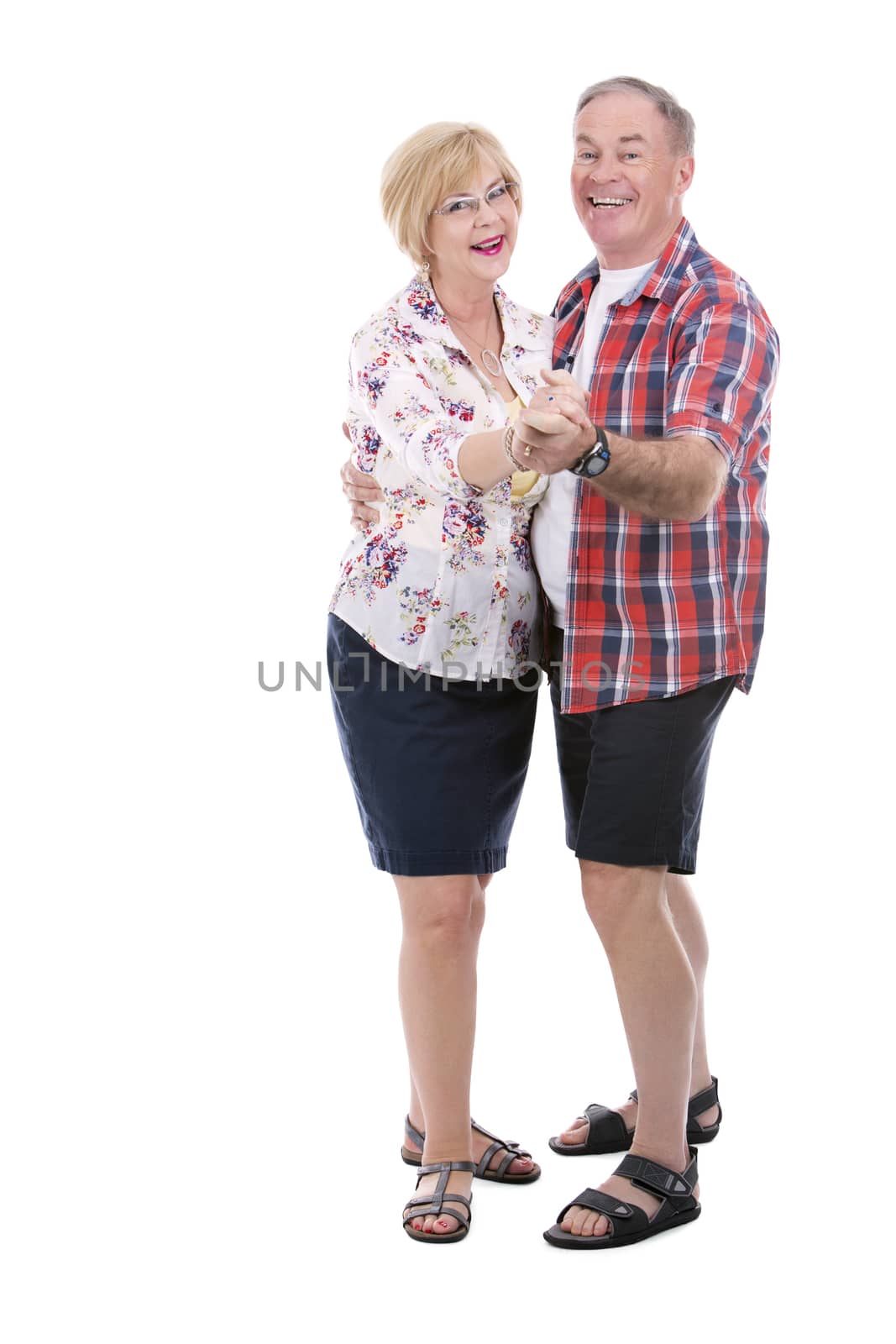 retired couple wearing casual outfits on white isolated background