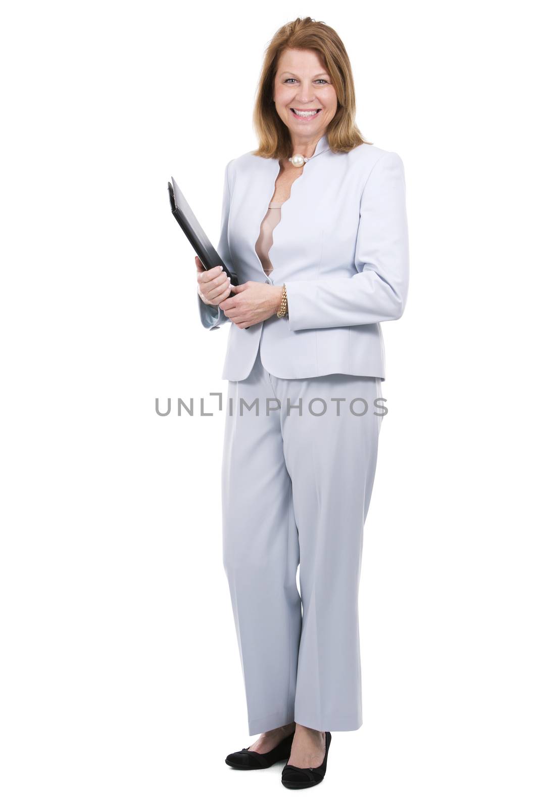 middle aged caucasian woman wearing business on white background