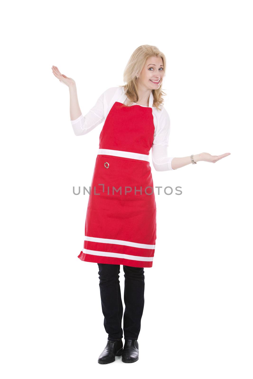 blond woman wearing red apron on white isolated background