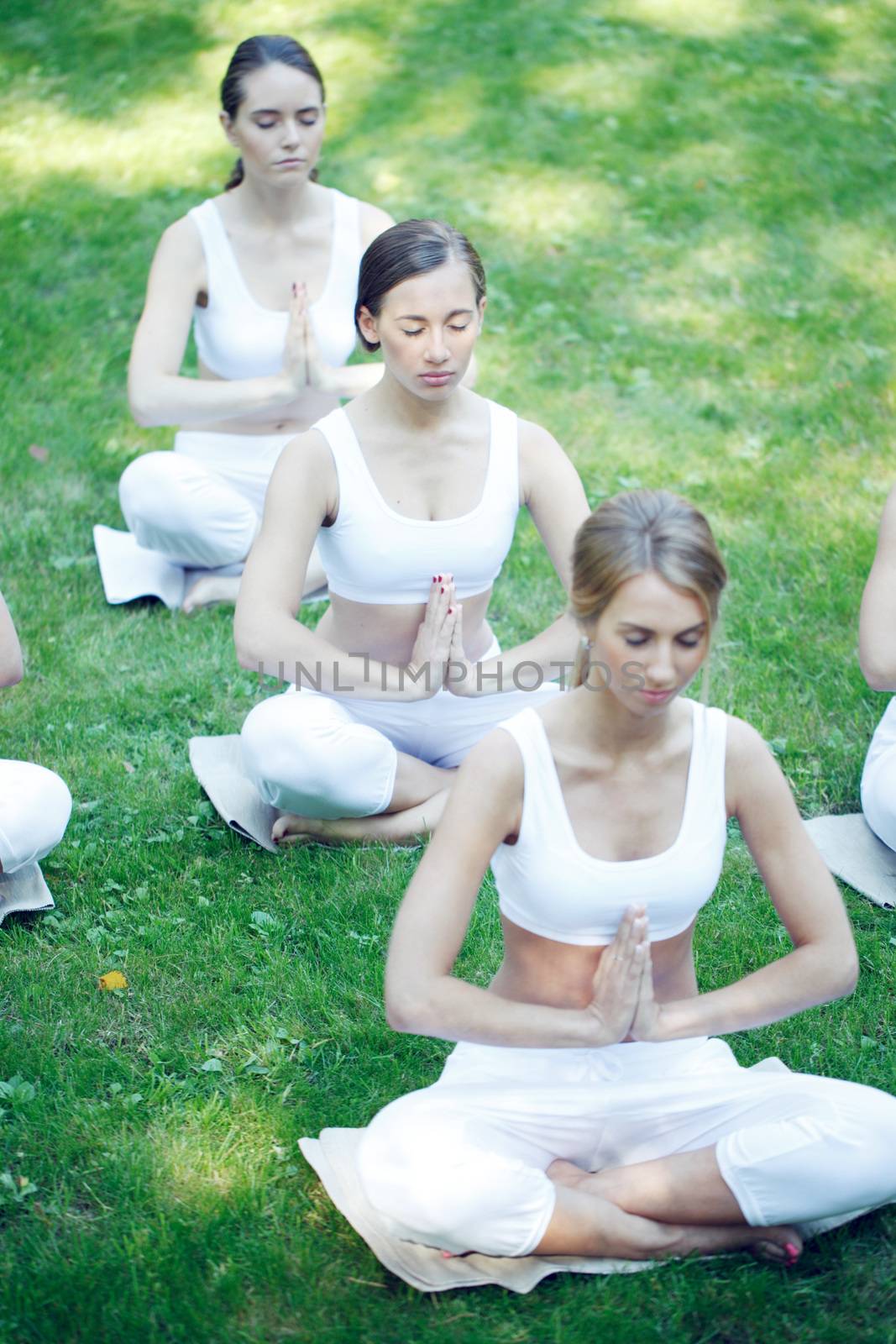 Women sitting in lotus position during yoga training at park