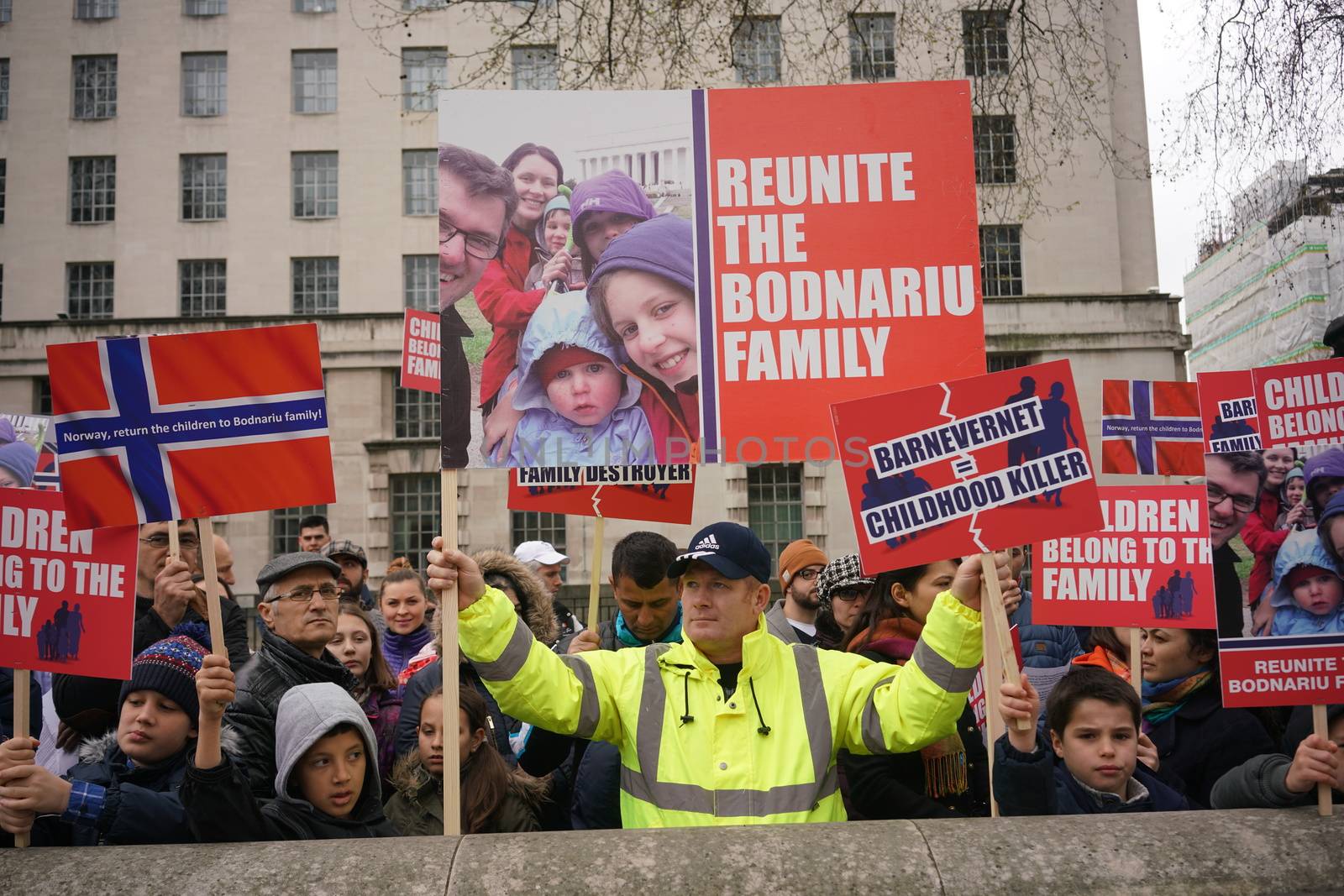 UNITED KINGDOM, London: Protesters hold placards reading Reunite the Bodnariu family or Children belong to the family during a demonstration to condemn legal kidnapping in Norway, in London, UK, on April 16, 2016. 