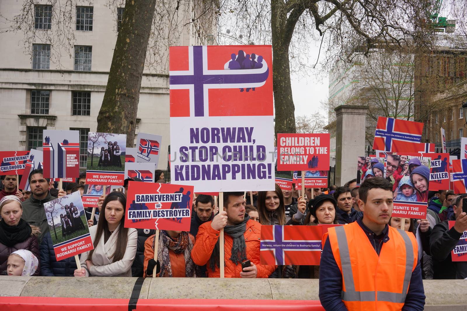 UNITED KINGDOM, London: Protesters hold placards reading Norway stop child kidnapping during a demonstration to condemn legal kidnapping in Norway, in London, UK, on April 16, 2016. 