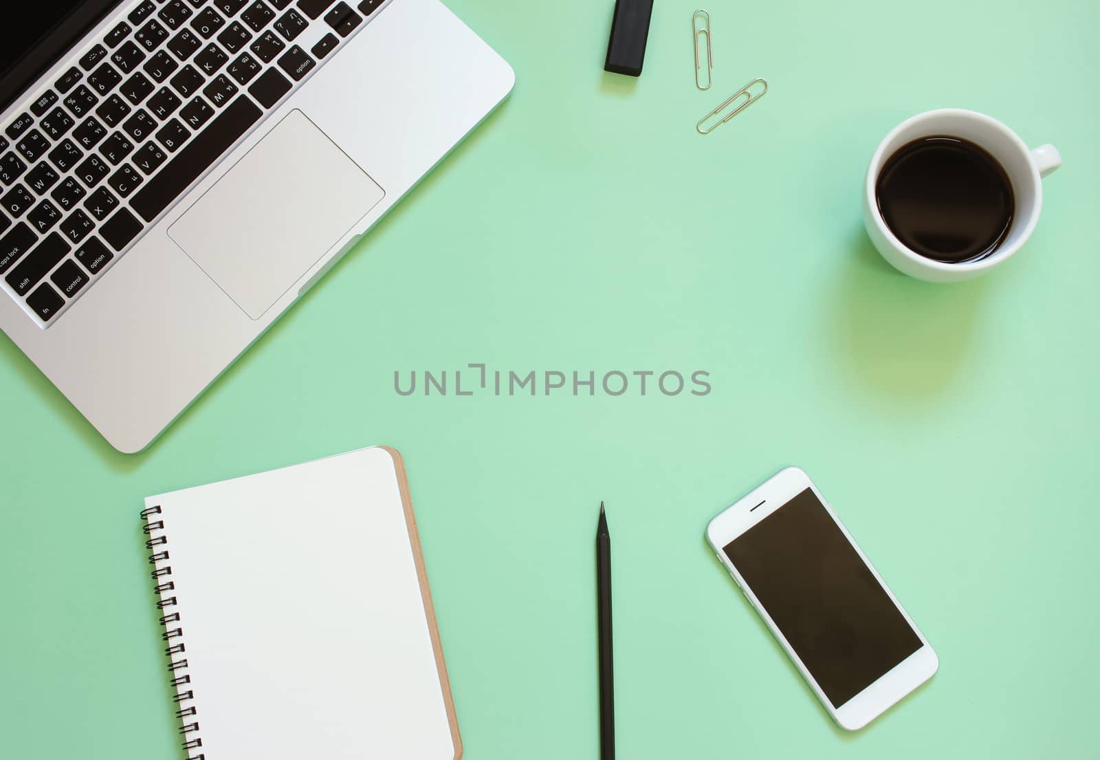 Creative flat lay design of workspace desk with laptop, blank no by nuchylee