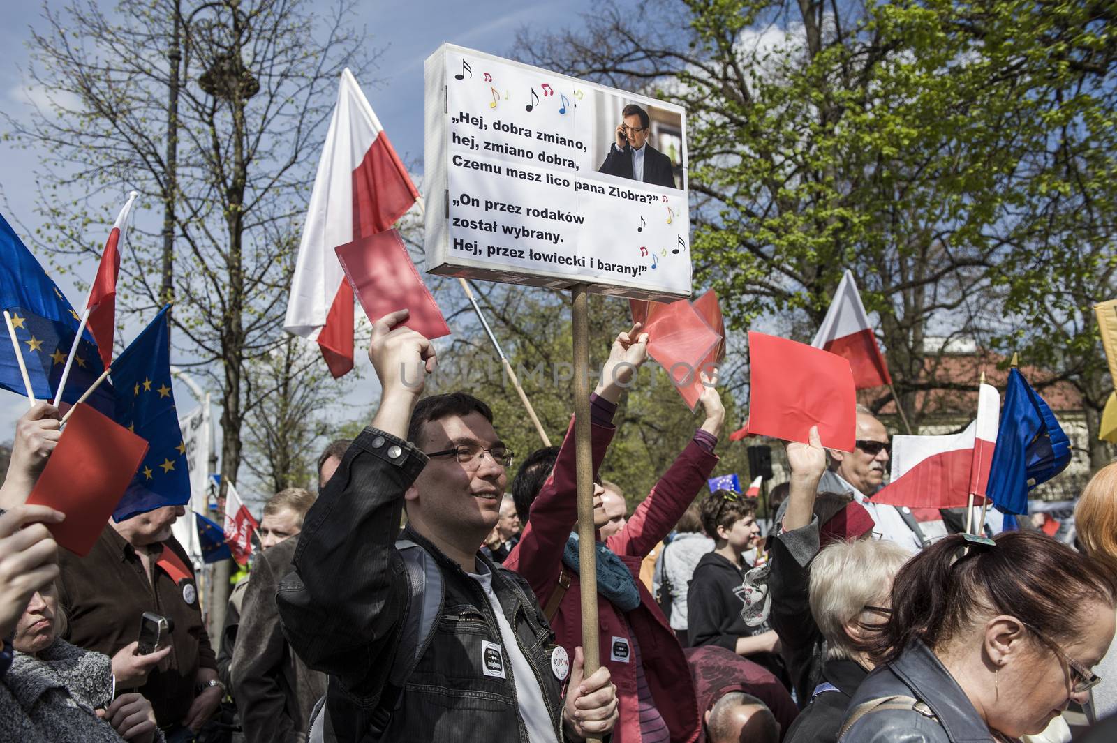 POLAND, Warsaw: Citizens in Warsaw, Poland protested the new Police Act and State Surveillance Law on April 16, 2016.The Police Act allows investigators to access specific private information. The new regulations have been set by the parliament where the vast majority of members are from Jarosław Kaczyński's party Law and Justice (PiS).The demonstrators rallied in front of the Chancellery of the Prime Minister