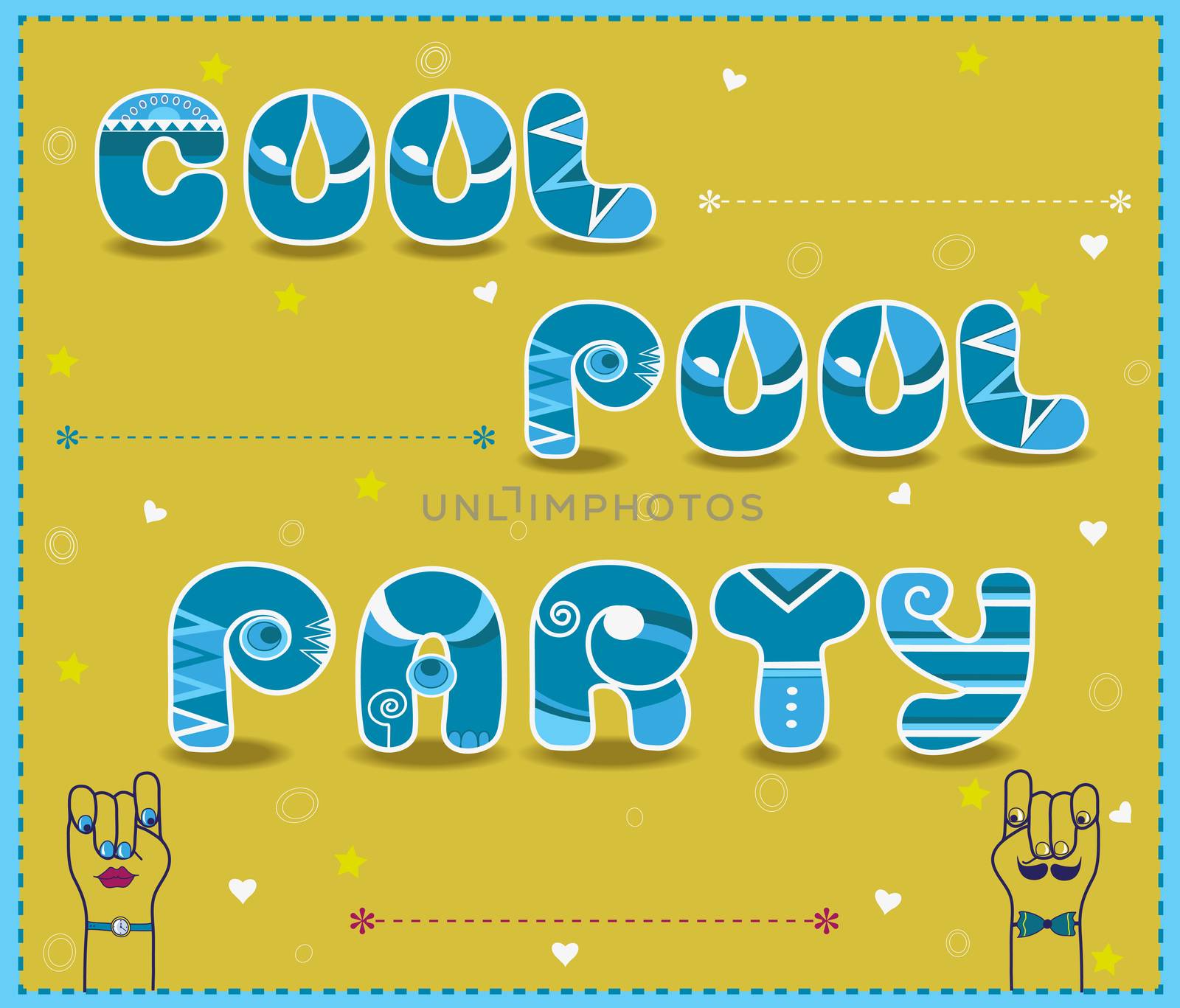 Inscription Cool Pool Party. Funny blue Letters with white parts