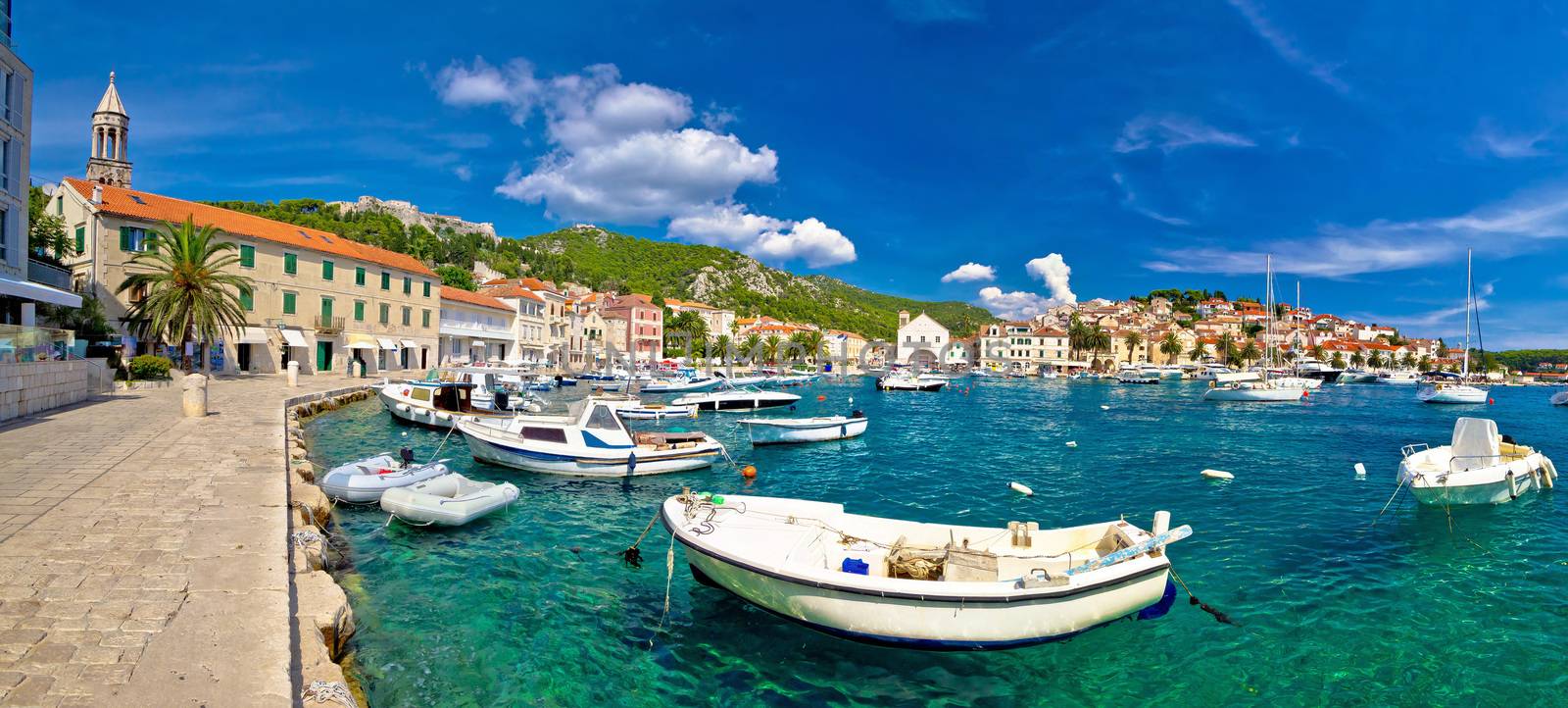 Coastal town of Hvar waterfront panorama, Dalmatia, Croatia