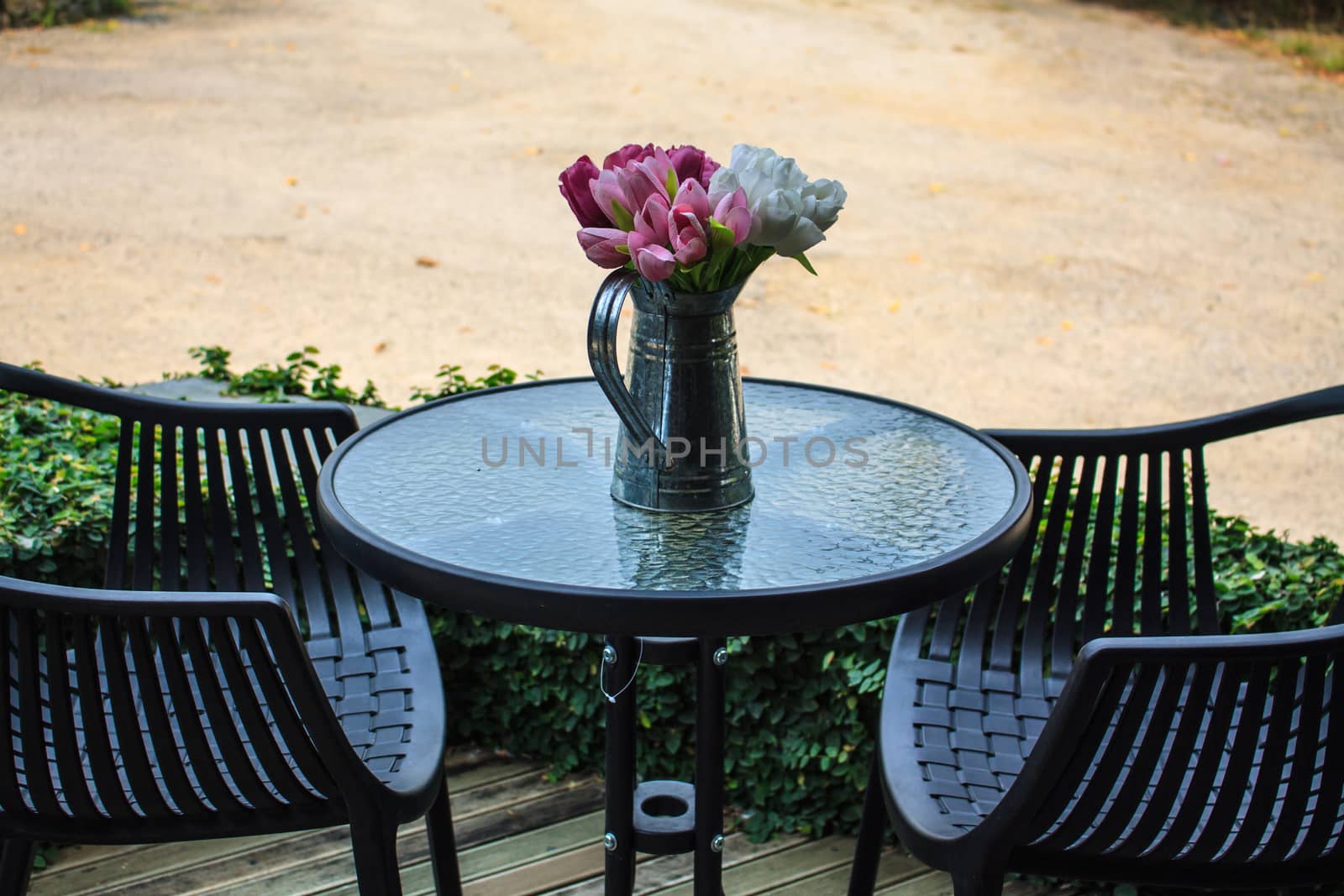 Aluminum outdoor furniture of tables and chairs with flowerpot by worrayuth