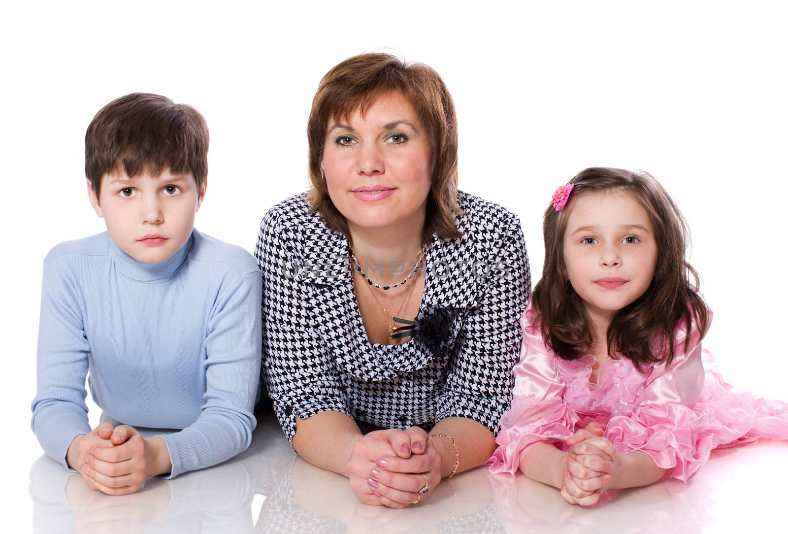 Mother with two children looking forward isolated on white