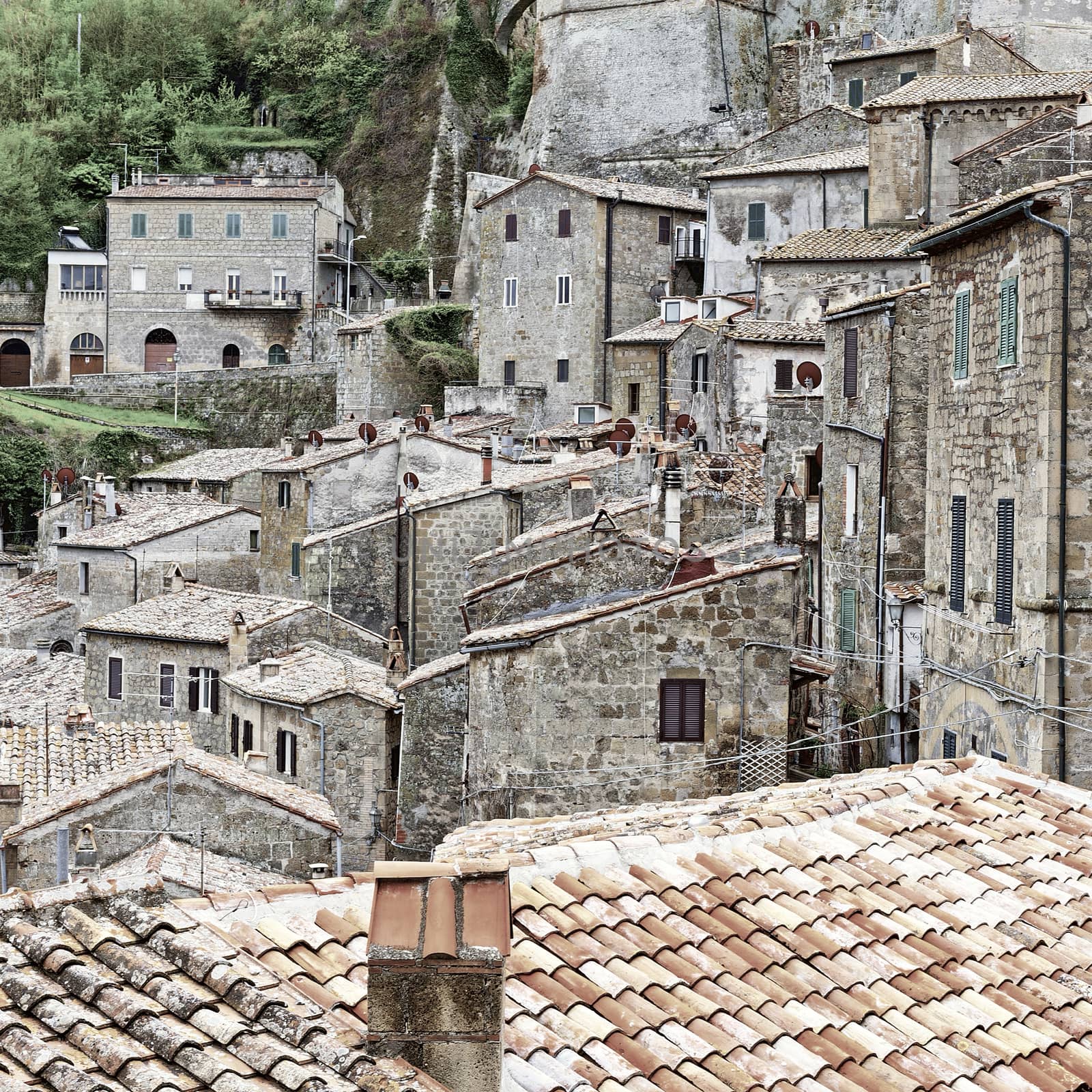 Aerial View on the Roofs of the City of Sorano in Italy, Vintage Style Toned Picture