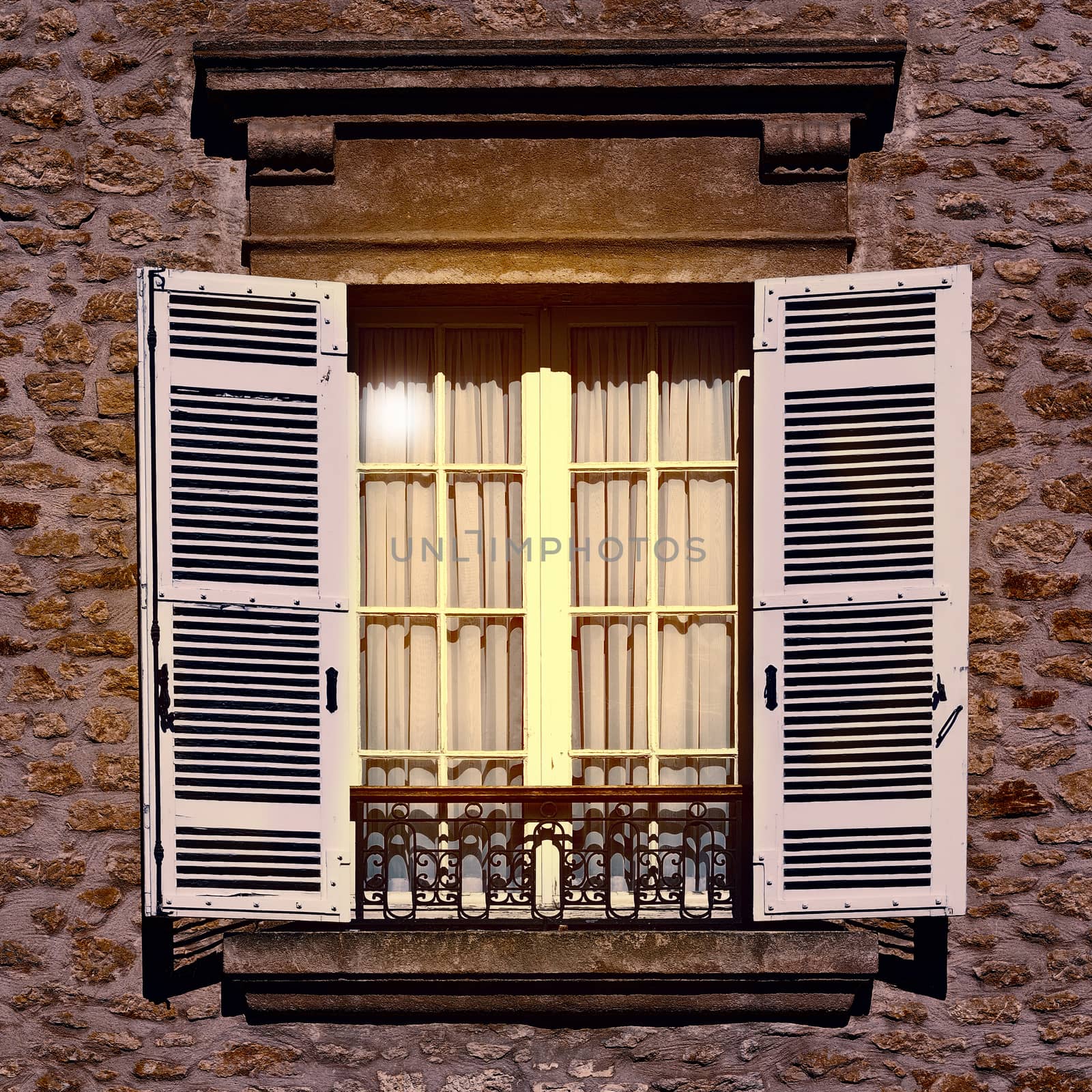 French Window with Open Wooden Shutter, Vintage Style Toned Picture