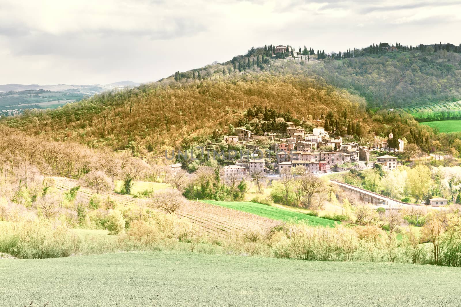 View of the Medieval City in Tuscany, Vintage Style Toned Picture