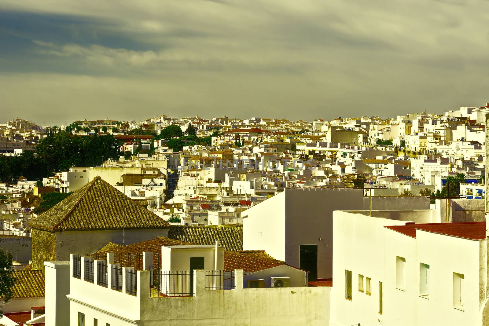 Aerial View on the White Houses of the Spanish Town, Vintage Style Toned Picture