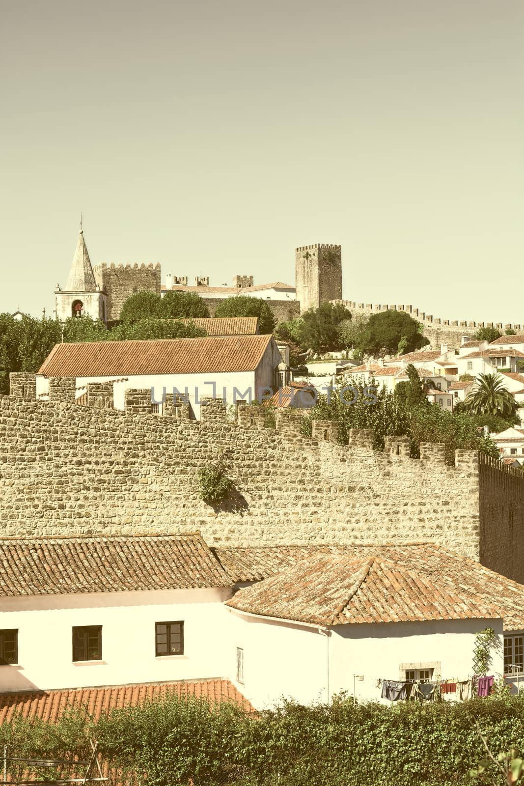 View to Historic Center City of Obidos in Portugal, Vintage Style Toned Picture