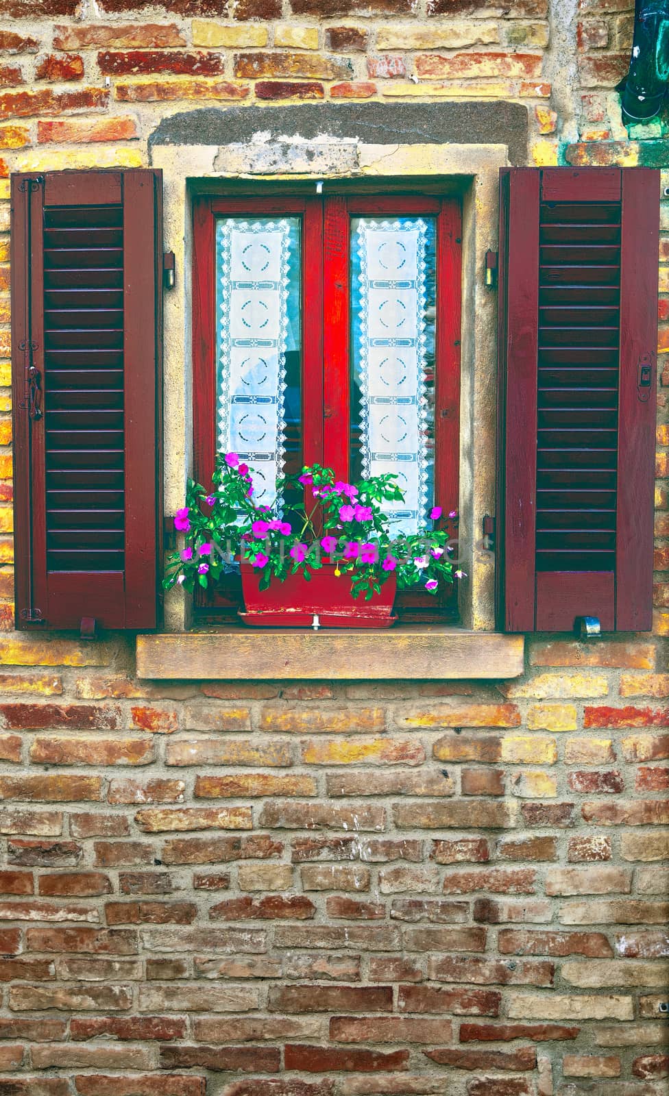 Italian Window with Open Wooden Shutters, Decorated With Fresh Flowers, Vintage Style Toned Picture