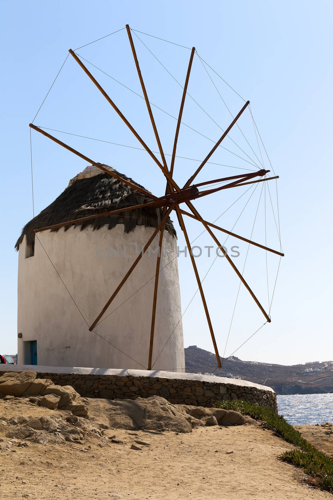 The famous wind mills in Mykonos during day time