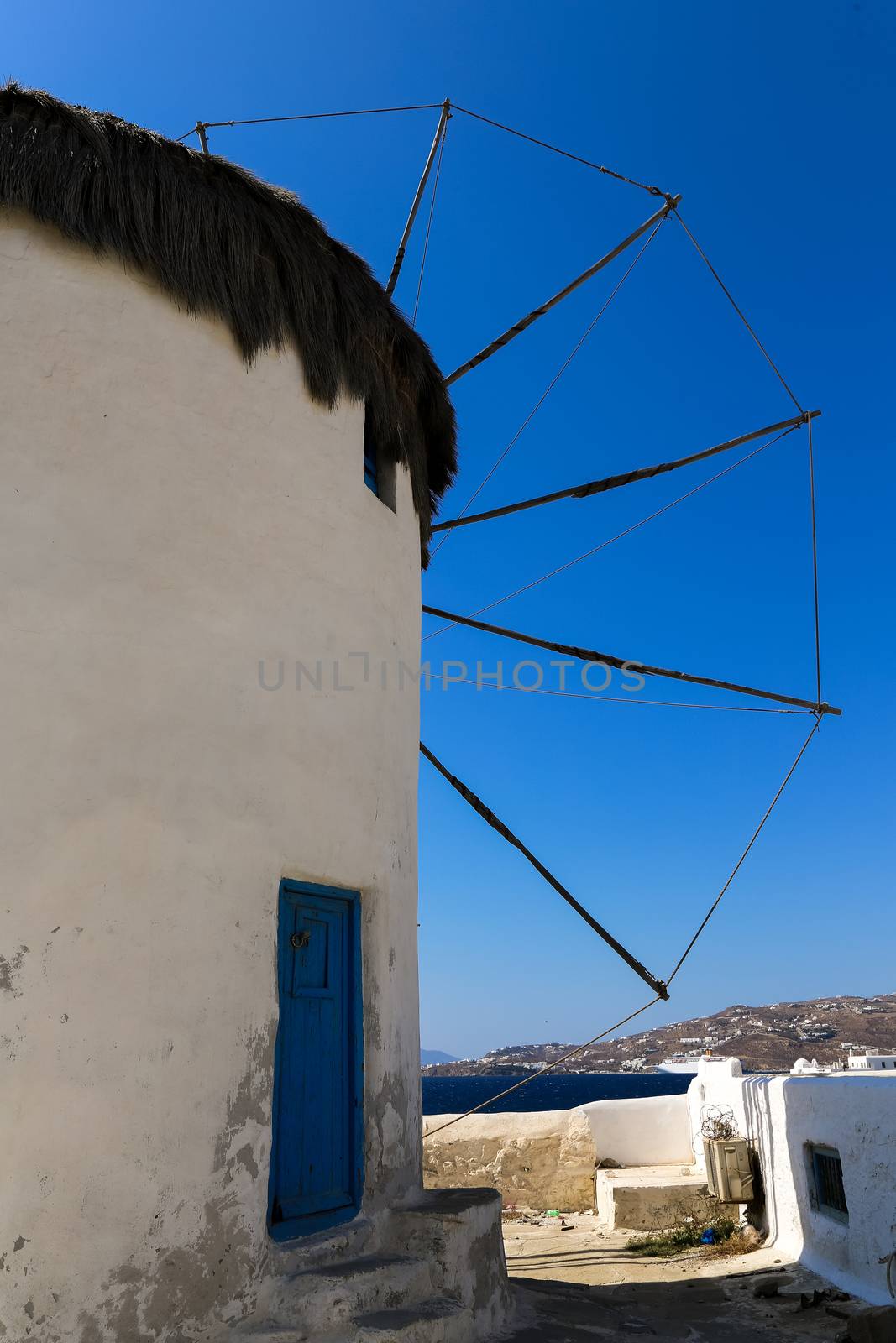 The famous wind mills in Mykonos during day time