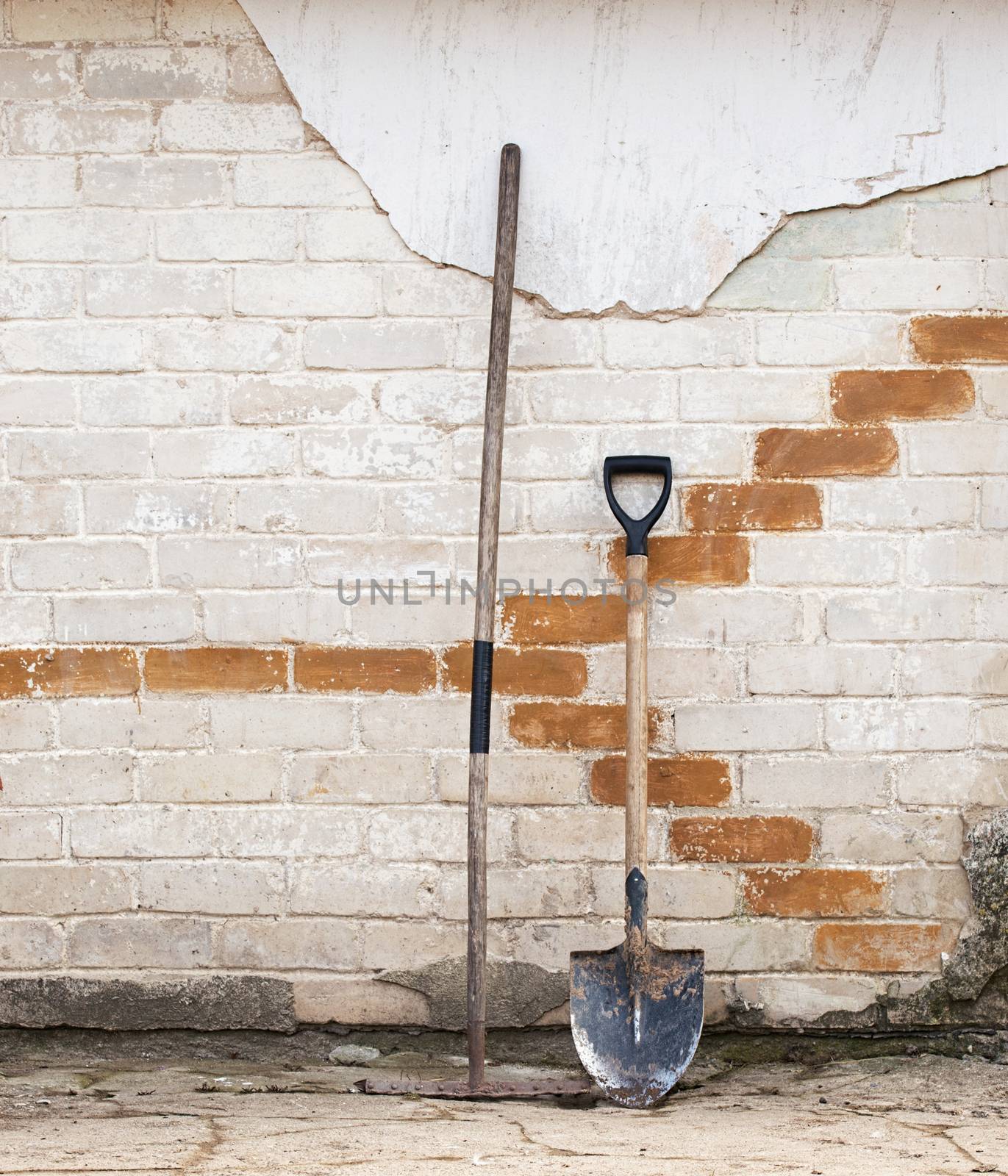 shovel and rake near the wall, ready for spring work in the garden