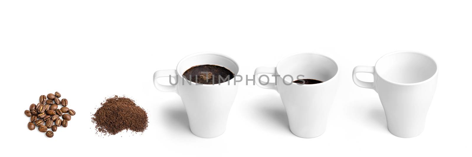 Concept of making and drinking coffee displayed in five steps isolated on white background.