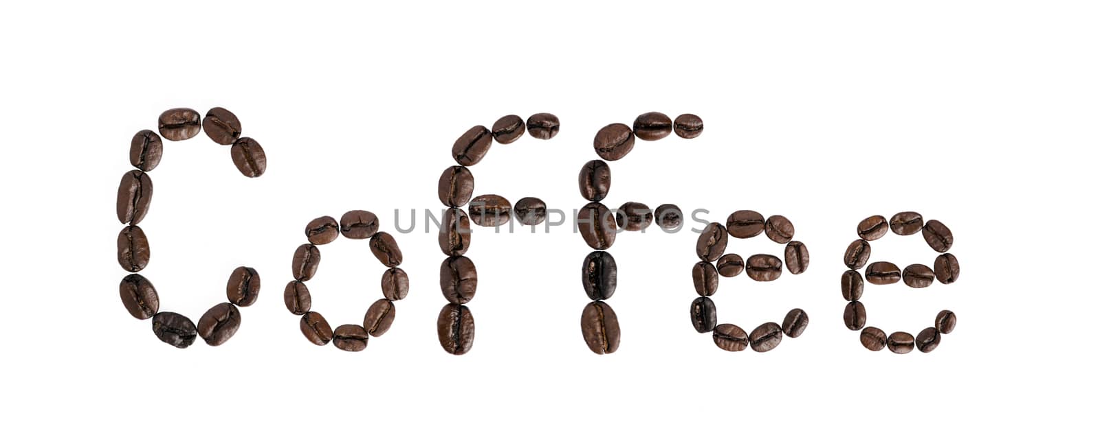 Word coffee made of coffee beans isolated on whtie background.