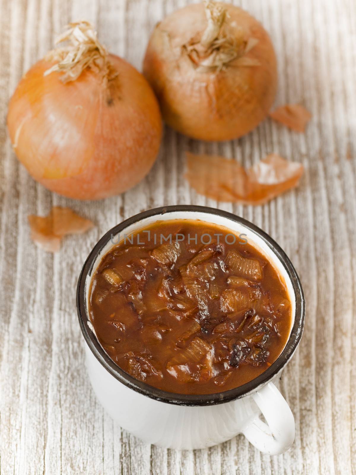 close up of rustic english onion gravy