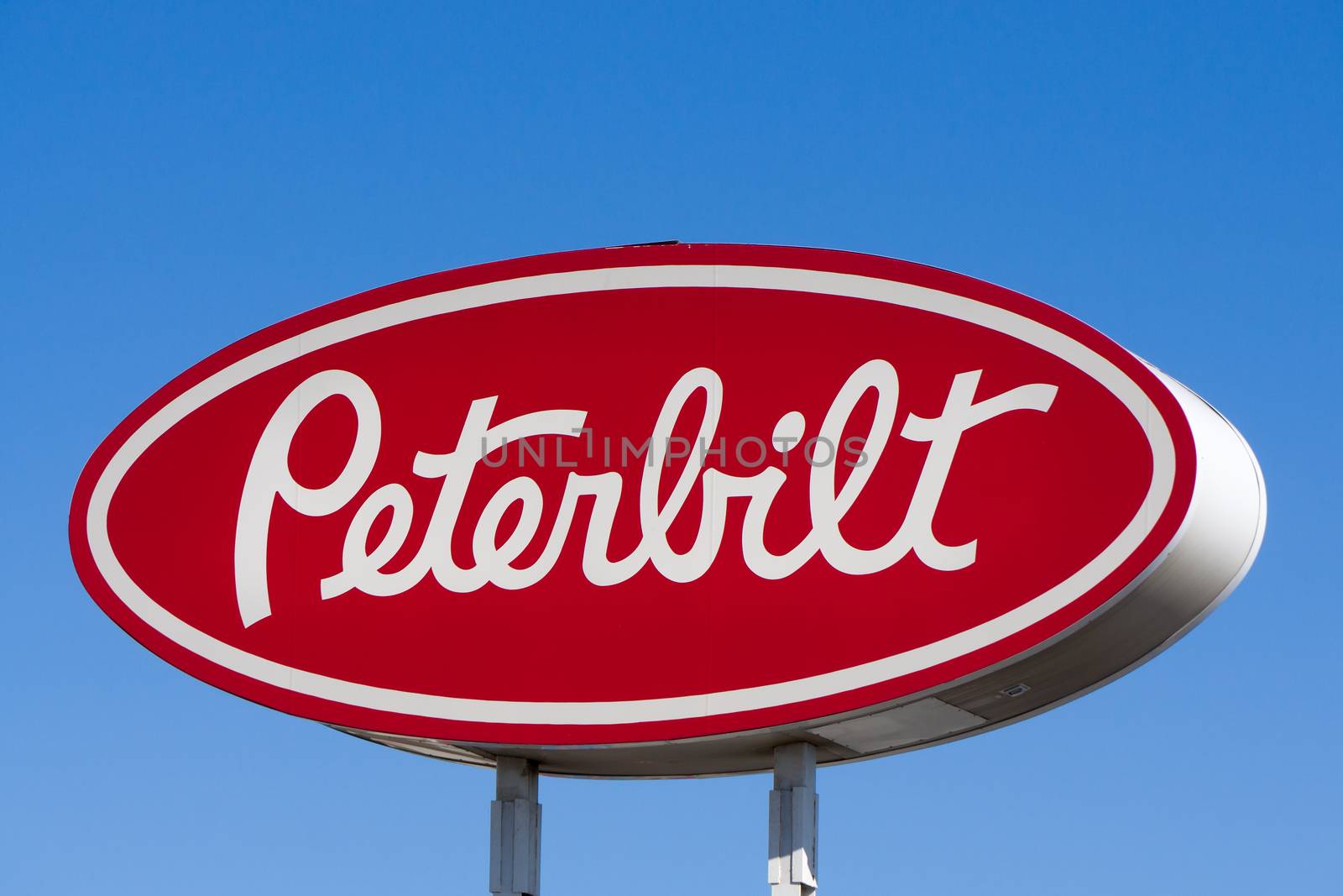 SAN FERNANDO, CA/USA - APRIL 16, 2016: Peterbilt sign and logo. Peterbilt Motors Company is an American manufacturer of medium and heavy trucks.