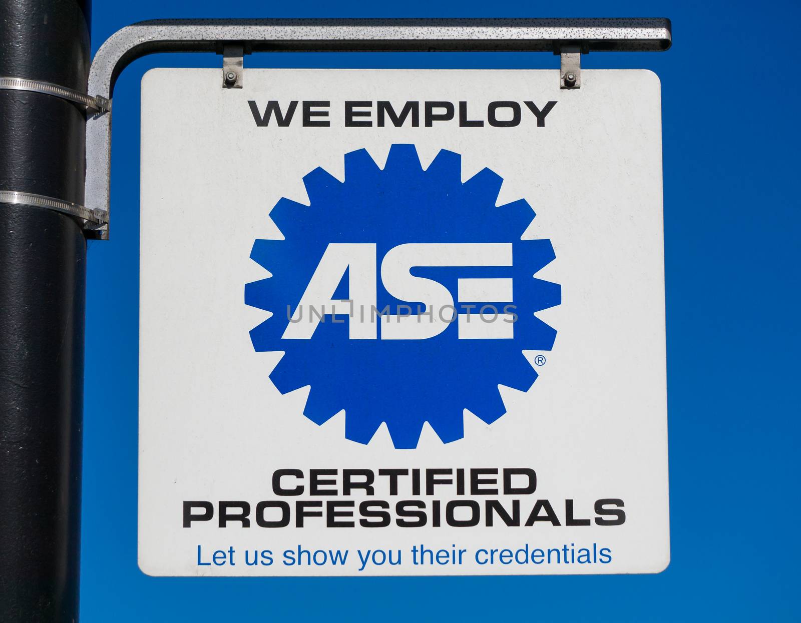 PASADENA, CA/USA - APRIL 16, 2016: ASE sign and logo. The National Institute for Automotive Service Excellence is a professional certification group that certifies professionals and auto repair shops.