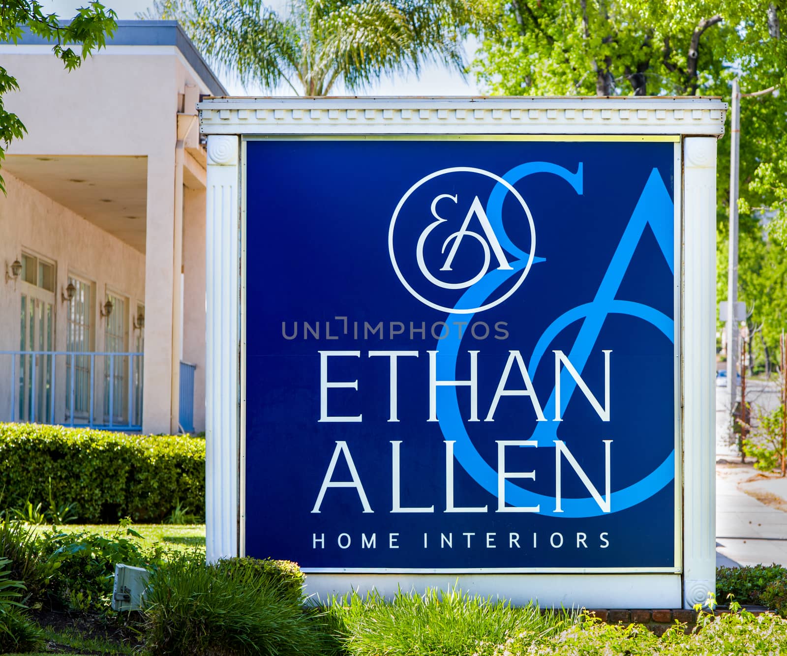PASADENA, CA/USA - APRIL 16, 2016: Ethan Allen Home Interiors exterior and sign. Ethan Allen Global, Inc. is an American luxury furniture chain.