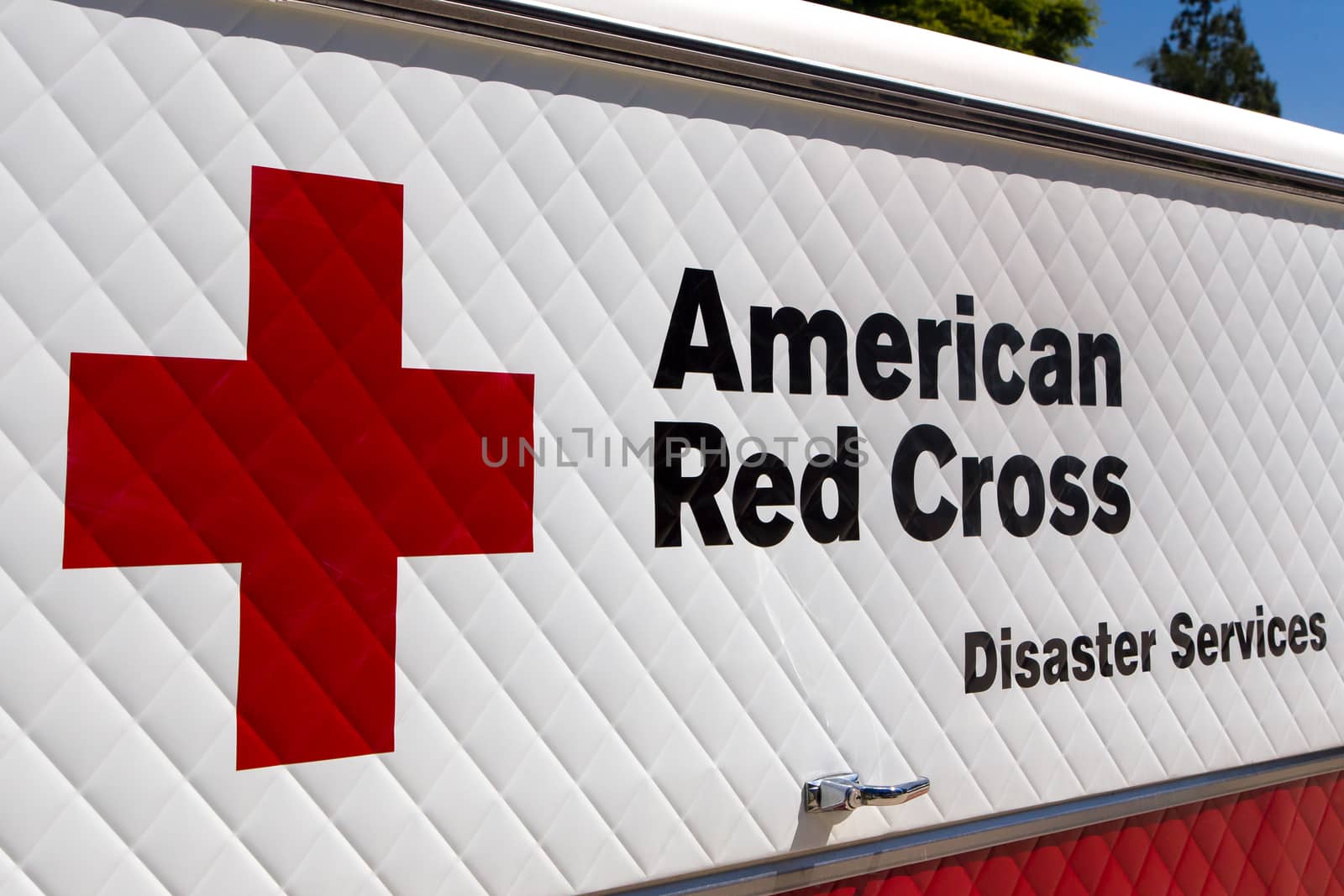 ARCADIA, CA/USA - APRIL 16, 2016: American Red Cross Disaster Services vehicle and logo. The American National Red Cross is a humanitarian organization that provides emergency assistance in the United States.